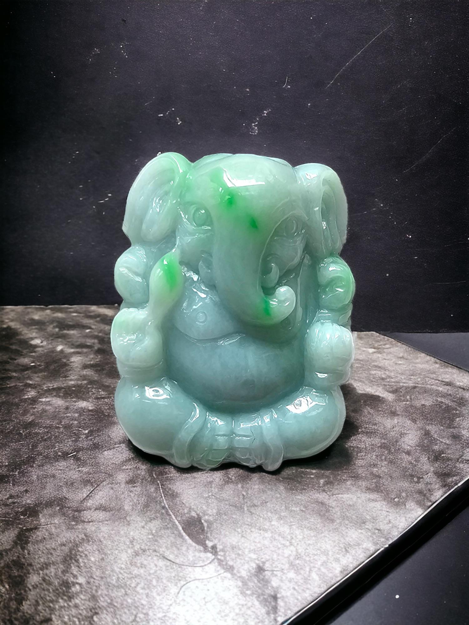 Lord Ganesha Imperial Burmese A-Jade Figurine Ornament Statue Showpiece For Sale 11