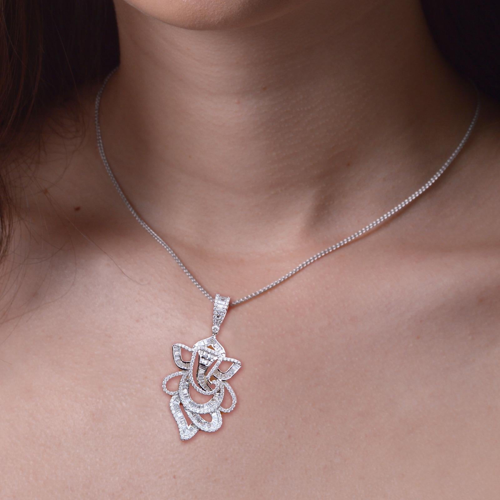 Tapered Baguette Lord Ganesha Pendant in 18kt White gold & diamonds
