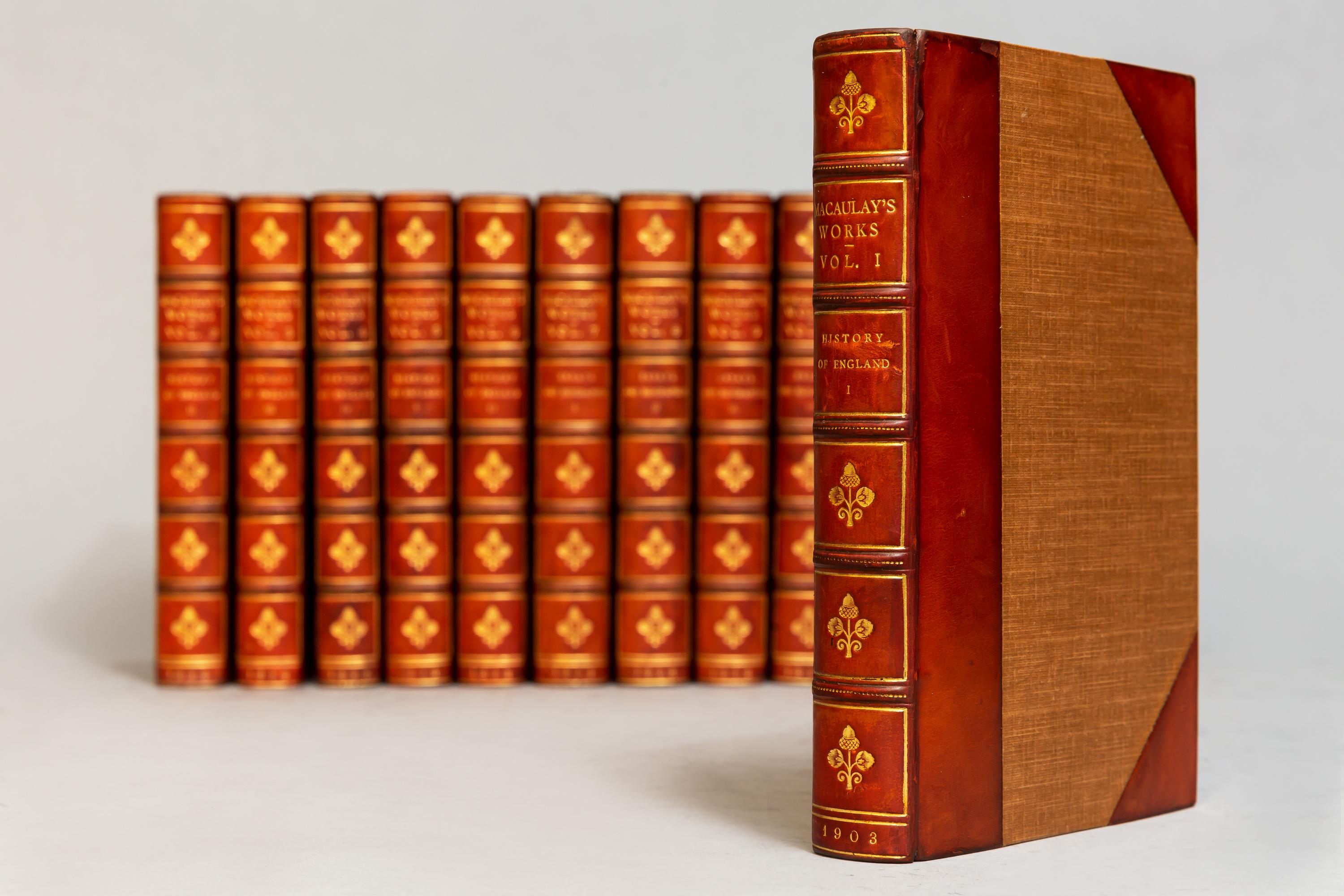 12 volumes.

History of England, speeches and poems and essays. Bound in 3/4 tan calf by Hatchards, cloth boards, top edges gilt, raised bands, gilt panels. Frontispieces.

Published: London: Longman’s Green & Co. 1903.