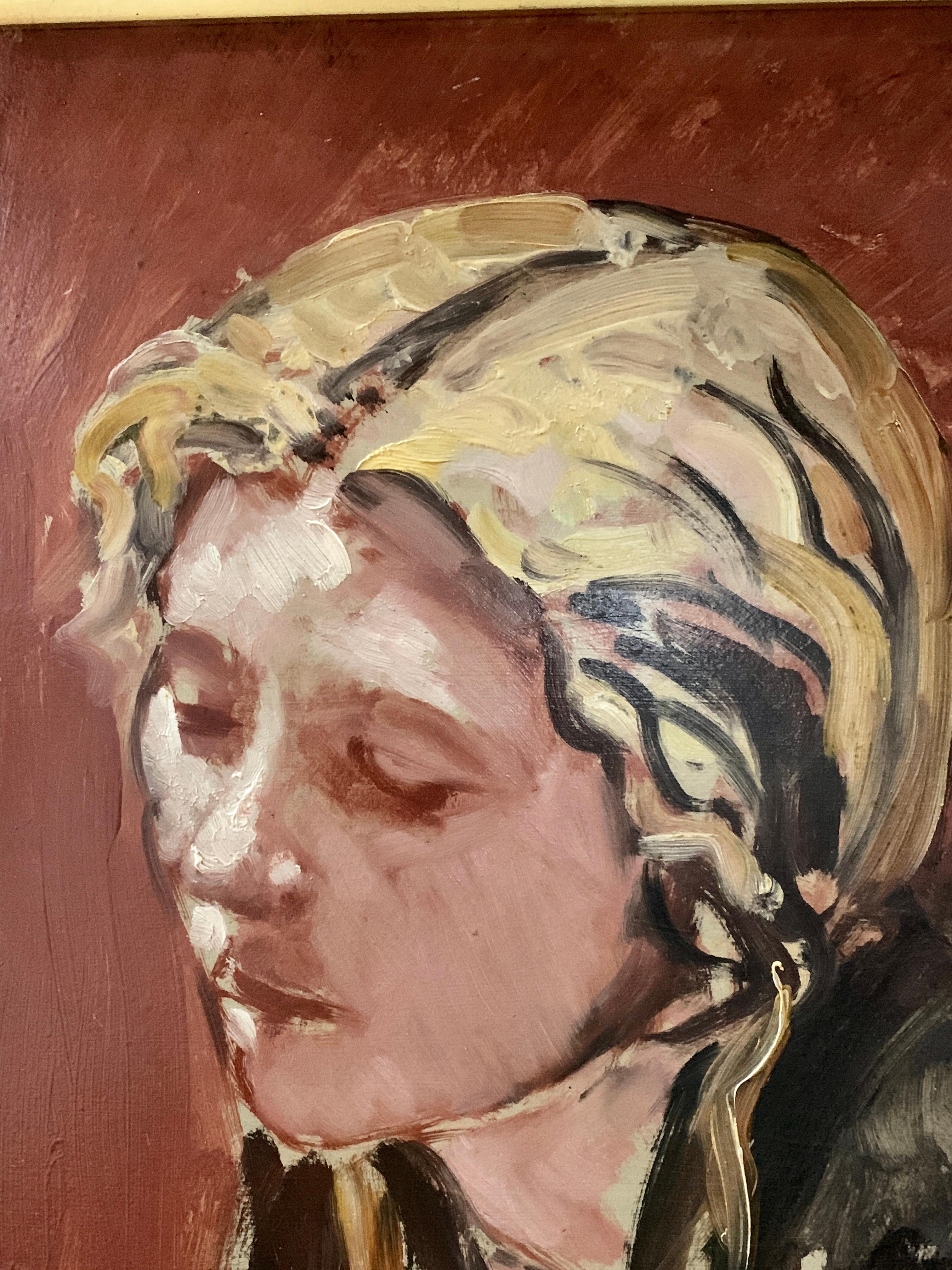 English 20th century portrait of a blond haired young girl, Carmen, circa 1932 - Brown Portrait Painting by Lord Methuen