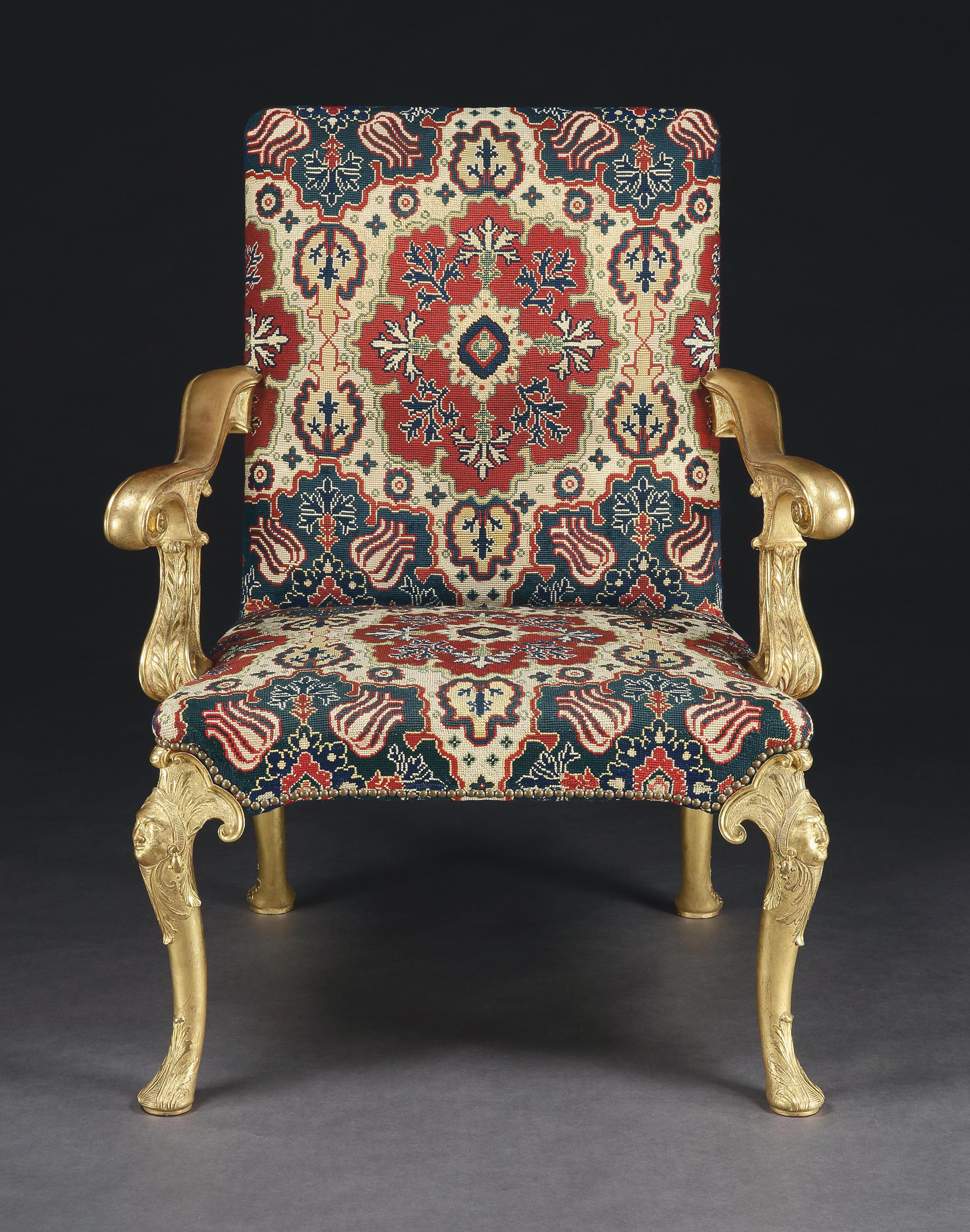 English Lord Monson's, Wanstead House Chairs a Pair of George I Carved & Gilded Armchair