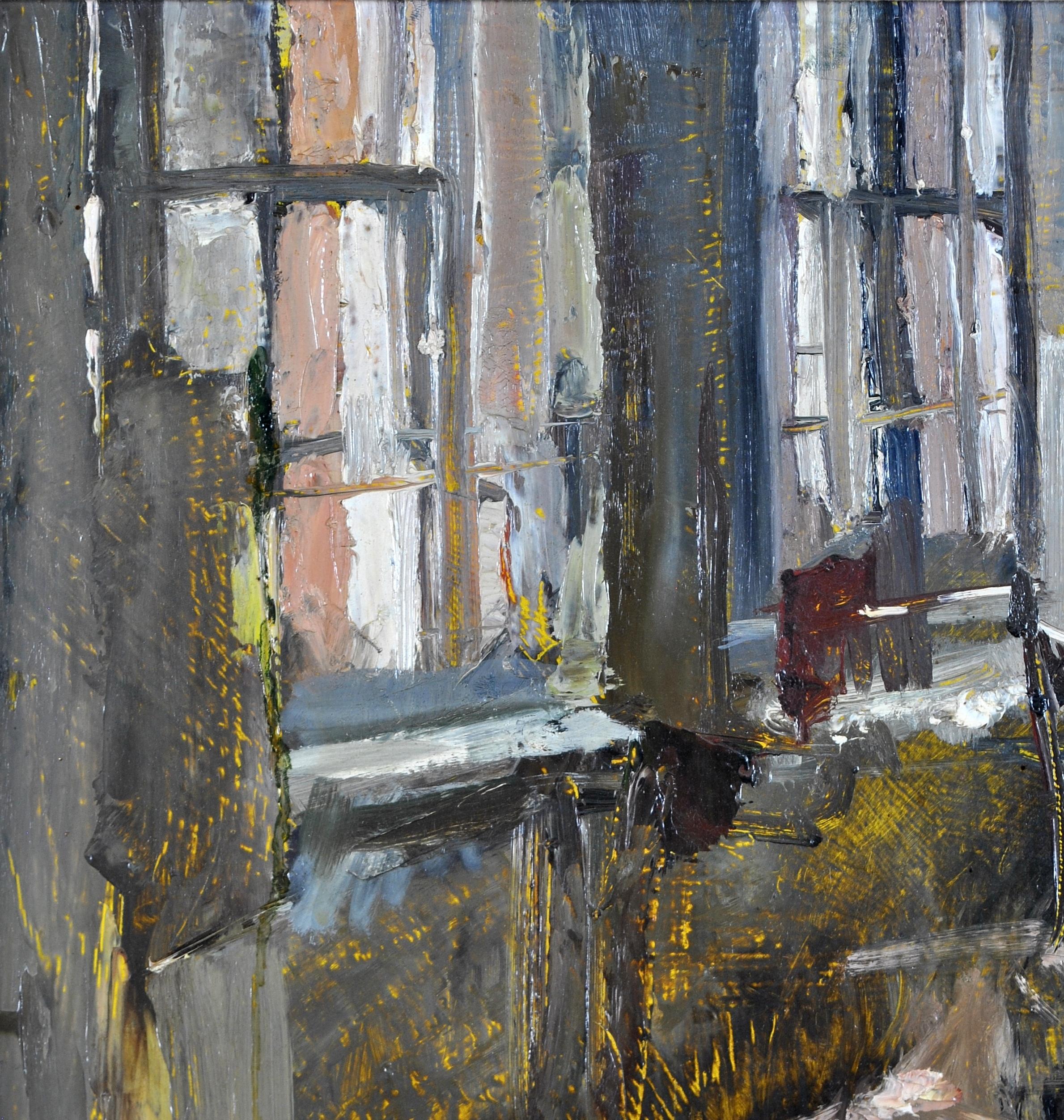 The Studio - Fine Mid 20th Century Interior Oil on Board Painting Agnew's London (Le Studio - Peinture d'intérieur à l'huile sur carton du milieu du 20e siècle) en vente 1