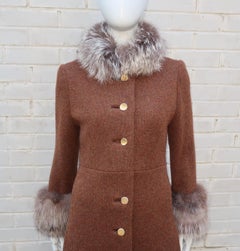 Lord & Taylor Mohair Wool Knit Midi Coat With Fox Fur Trim, 1960's