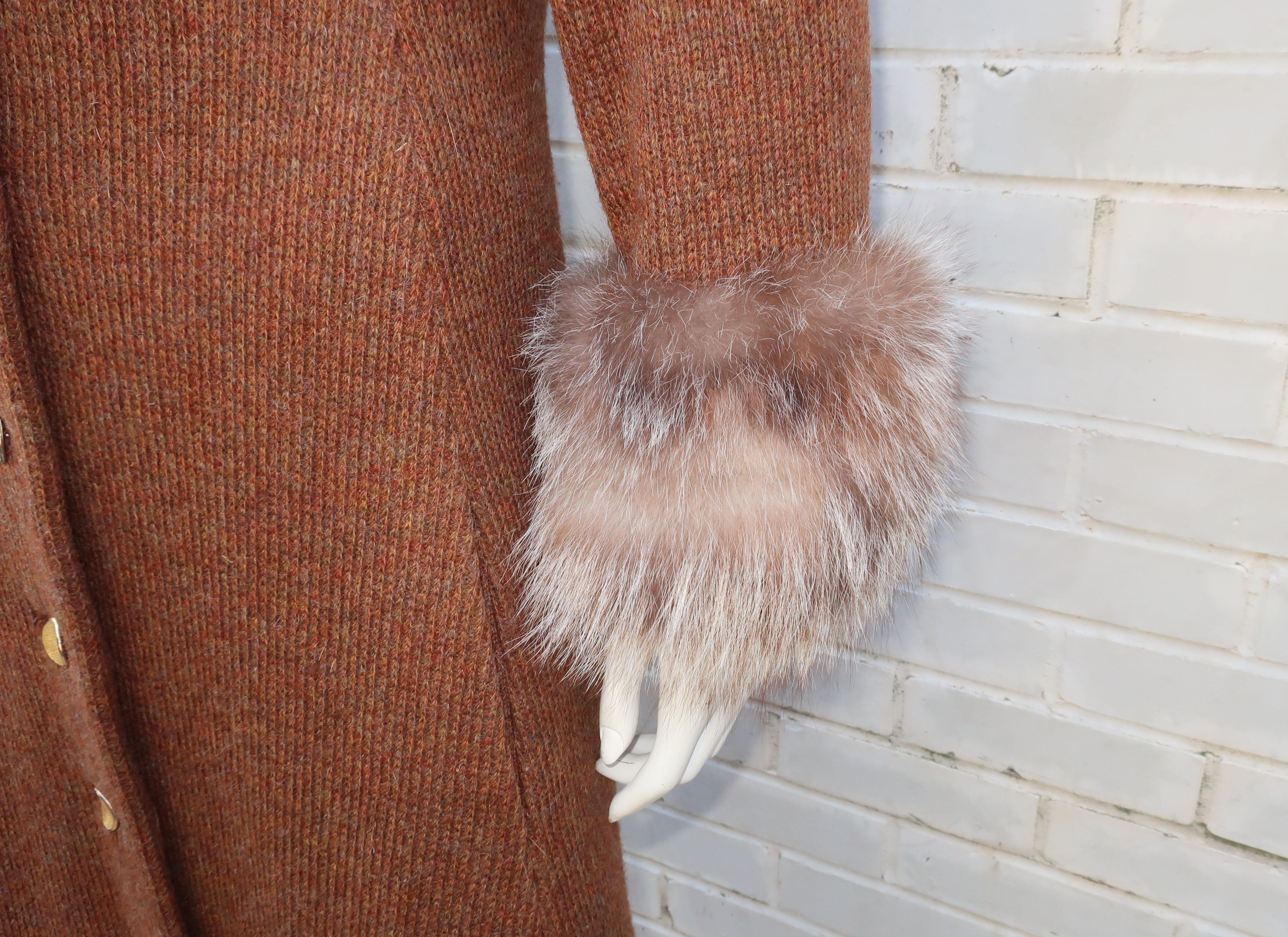 Brown Lord & Taylor Mohair Wool Knit Midi Coat With Fox Fur Trim, 1960's