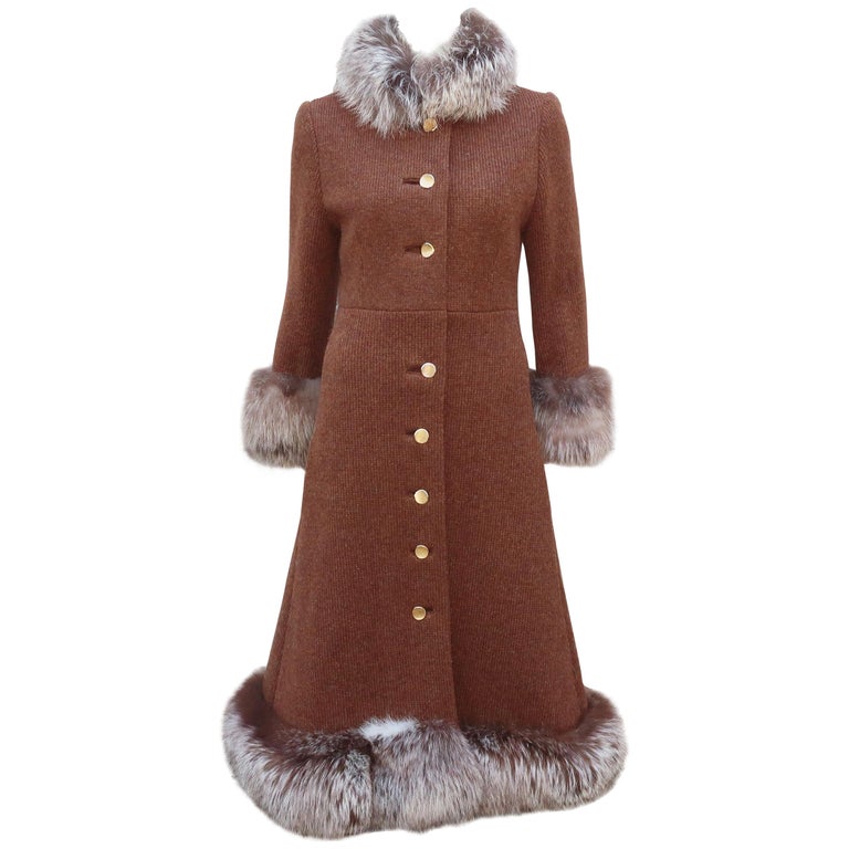 Lord and Taylor Mohair Wool Knit Midi Coat With Fox Fur Trim, 1960's at