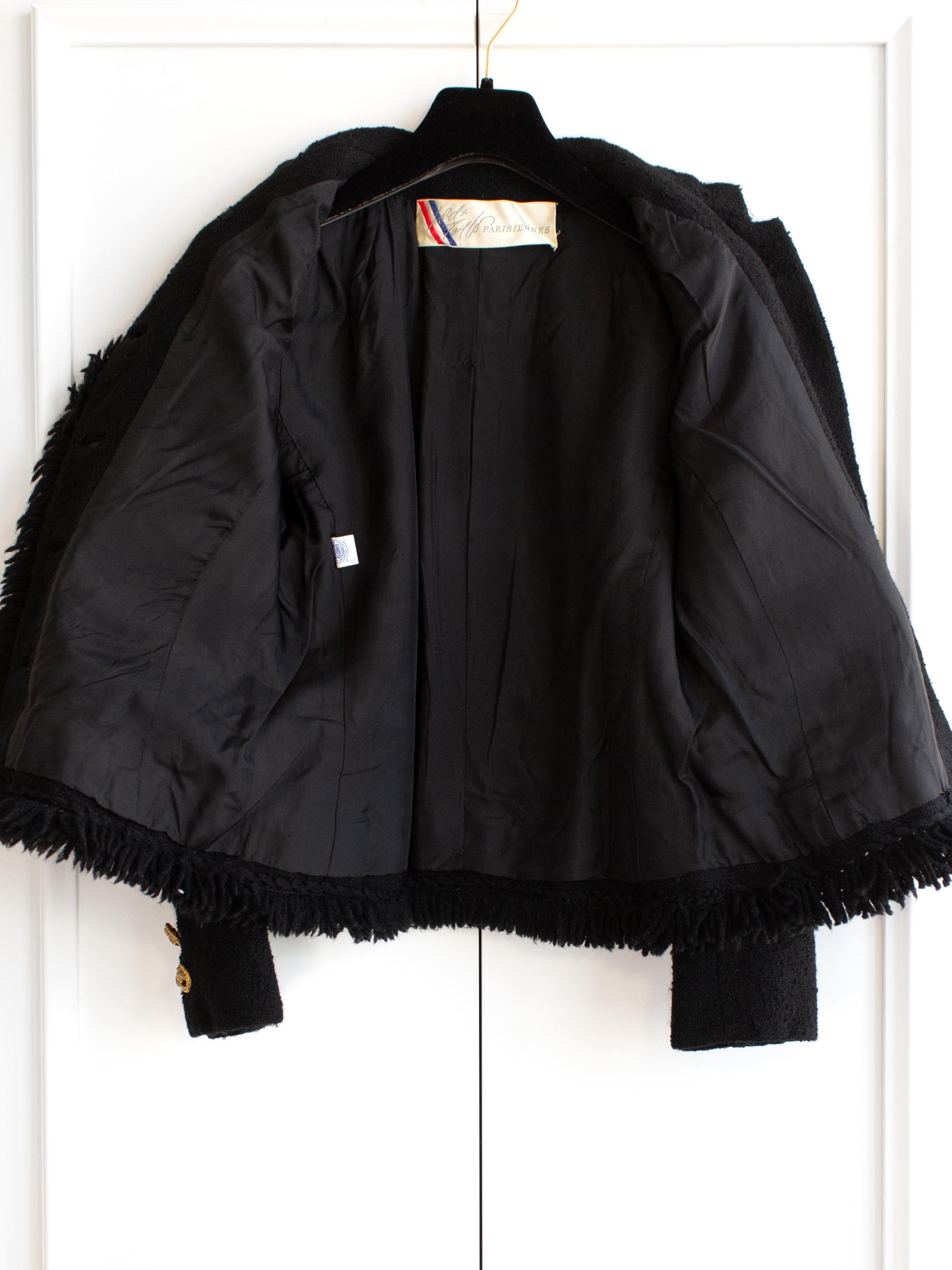 Lord & Taylor Parisiennes 1970s Black Gold Jackie Fringe Tweed Jacket For Sale 9