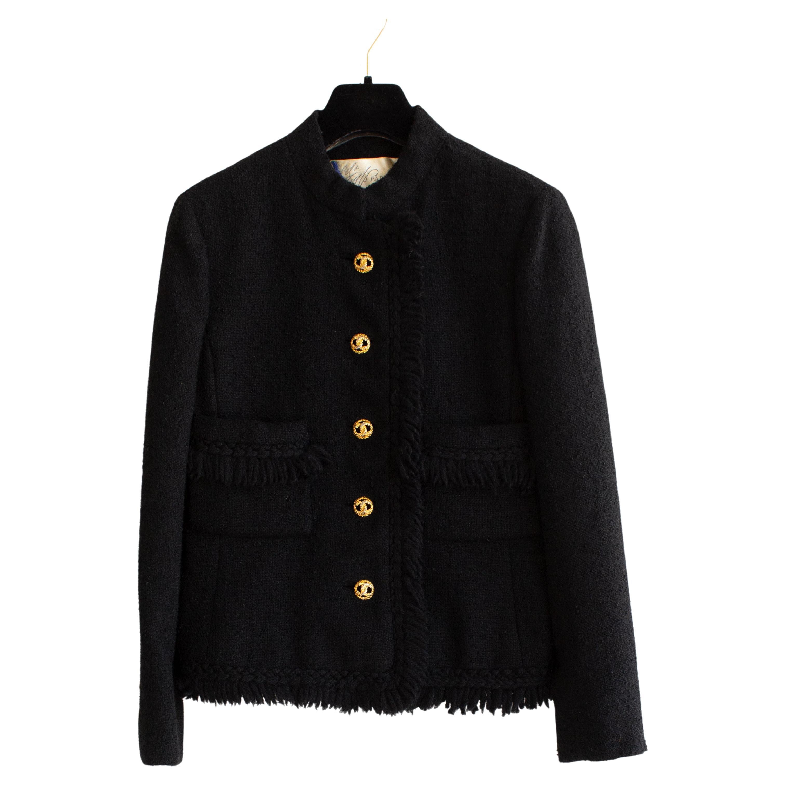Lord & Taylor Parisiennes 1970s Black Gold Jackie Fringe Tweed Jacket For Sale