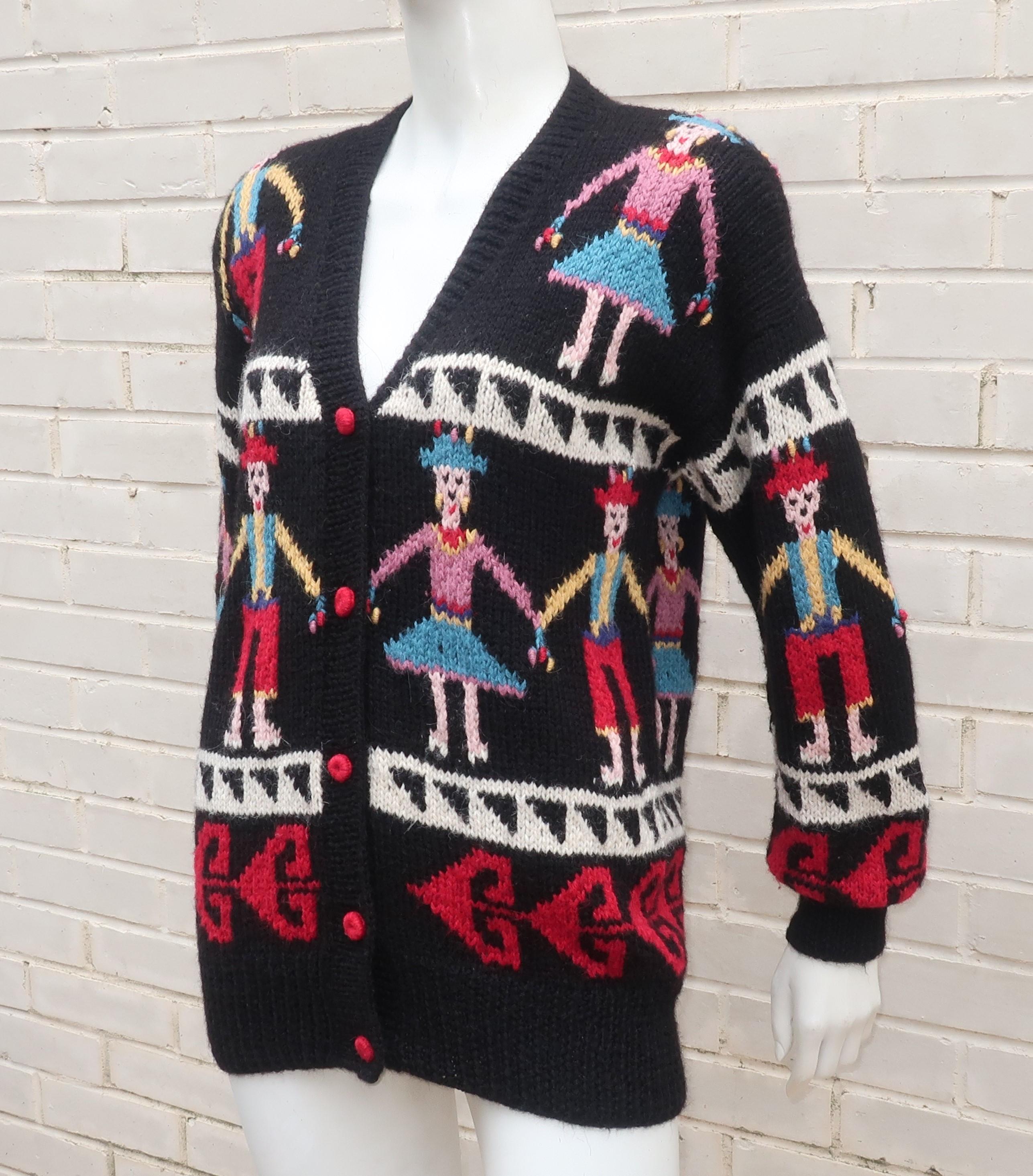 Black Lord & Taylor Peruvian Hand Knit Cardigan Sweater, 1980's