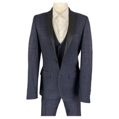 LORDS & FOOLS Size 36 Navy Black Textured Wool Blend Peak Lapel Tuxedo Suit