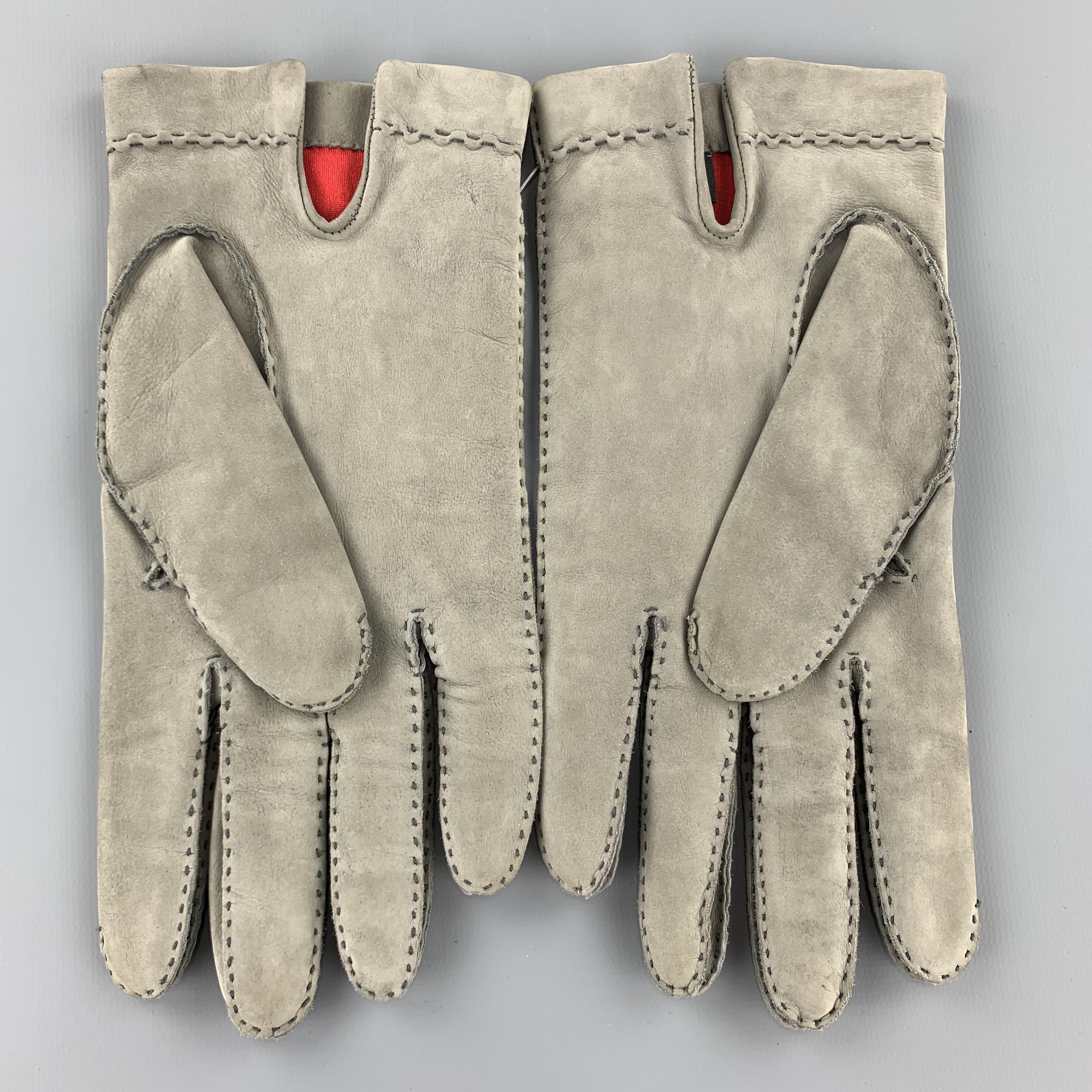 LORD'S Vintage Size 8 Gray Matte Leather Red Silk Lined Gloves In Good Condition In San Francisco, CA