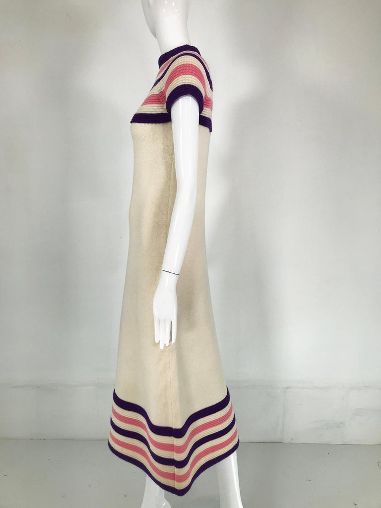 Lore Dibbern Cream Wool Knit Pink & Purple Stripe Maxi Dress Italy 1960s For Sale 6