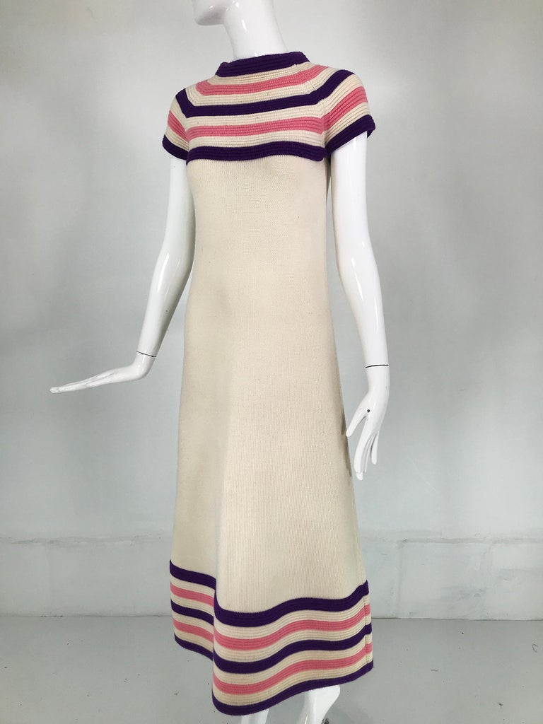 Lore Dibbern Cream Wool Knit Pink & Purple Stripe Maxi Dress Italy 1960s For Sale 7