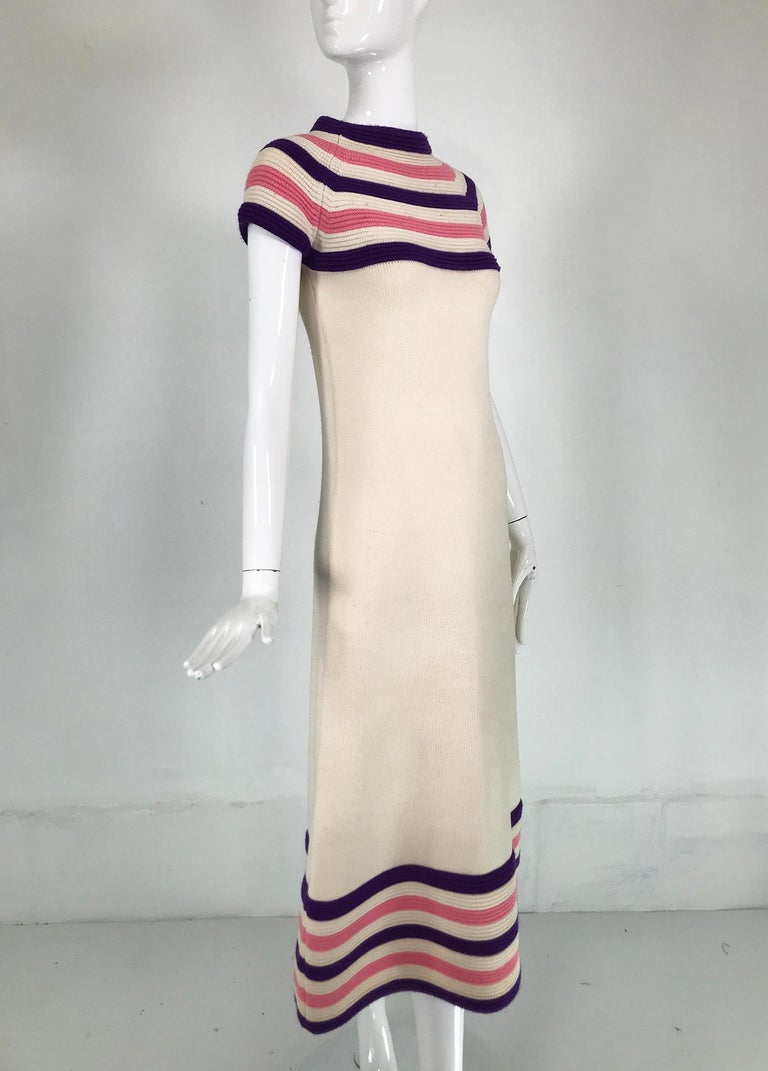 Lore Dibbern Cream Wool Knit Pink & Purple Stripe Maxi Dress Italy 1960s In Good Condition For Sale In West Palm Beach, FL