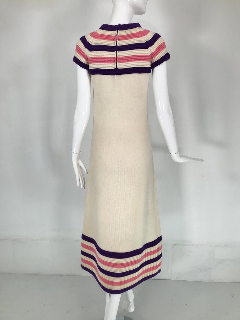 Lore Dibbern Cream Wool Knit Pink & Purple Stripe Maxi Dress Italy 1960s For Sale 3