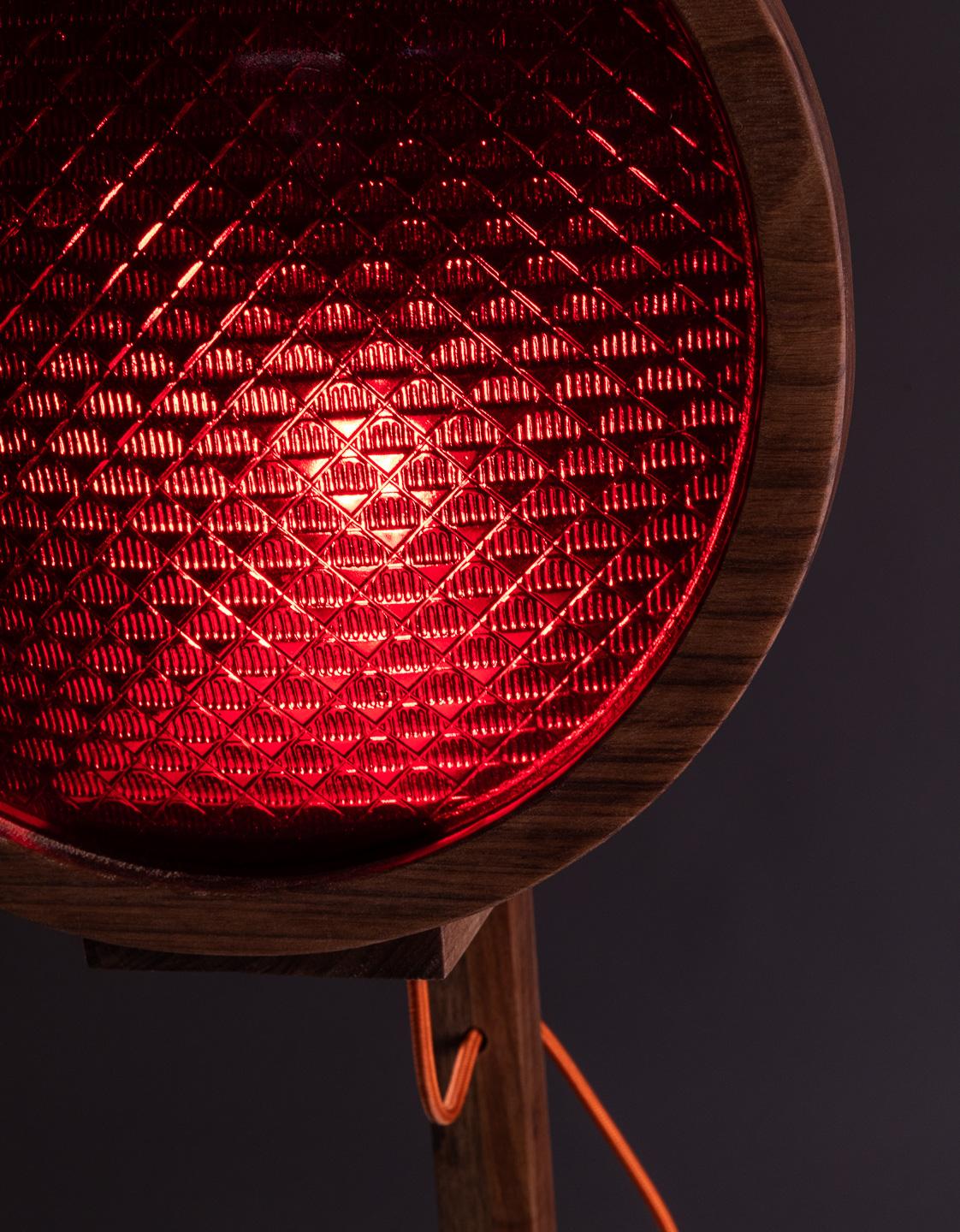 Glass The Lore Lamp. Brazilian Solid Wood and 1960s traffic signal lenses. For Sale