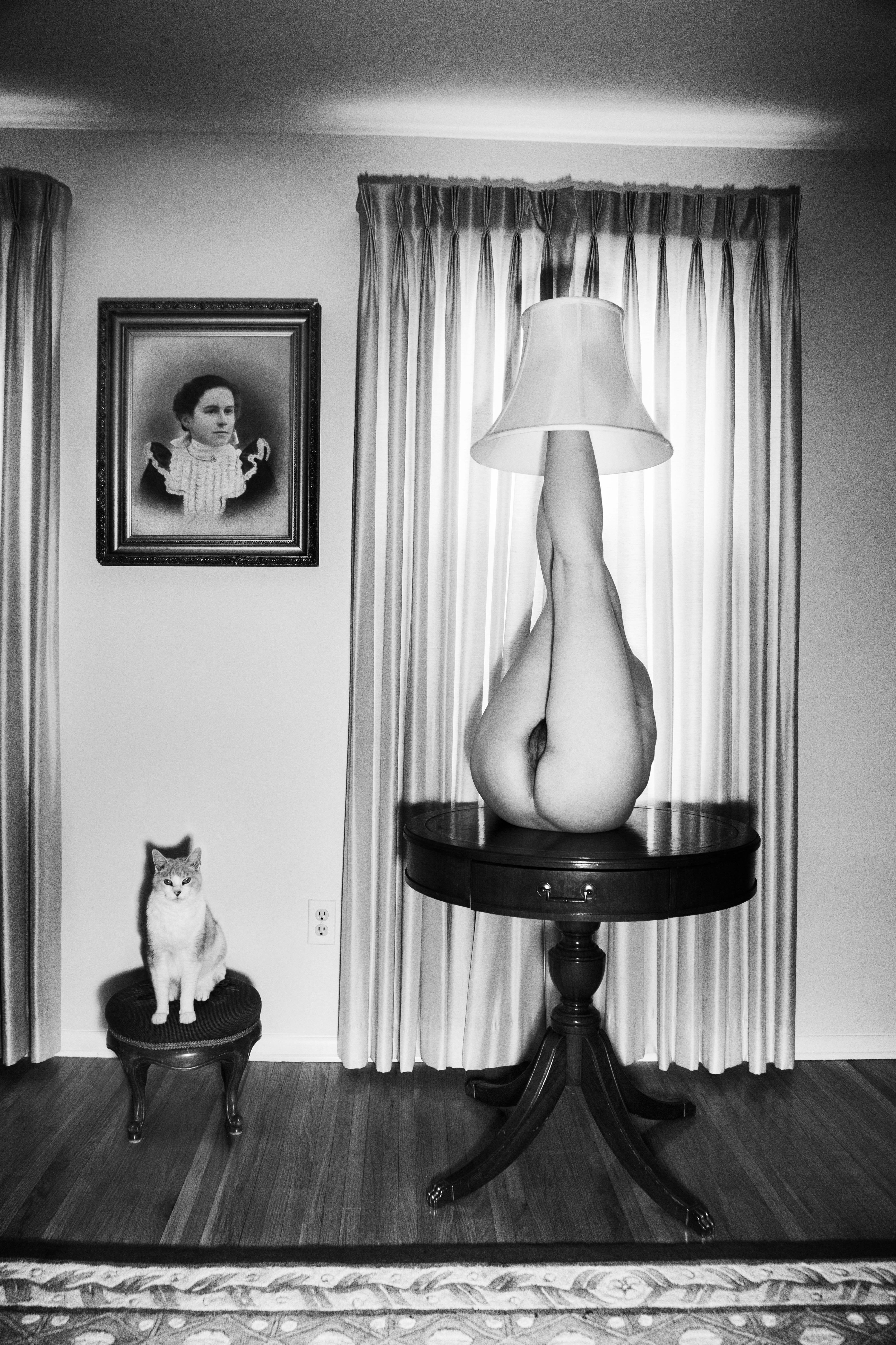 Loreal  Prystaj Black and White Photograph - Lampshade, picture frame, and my pussy-cat