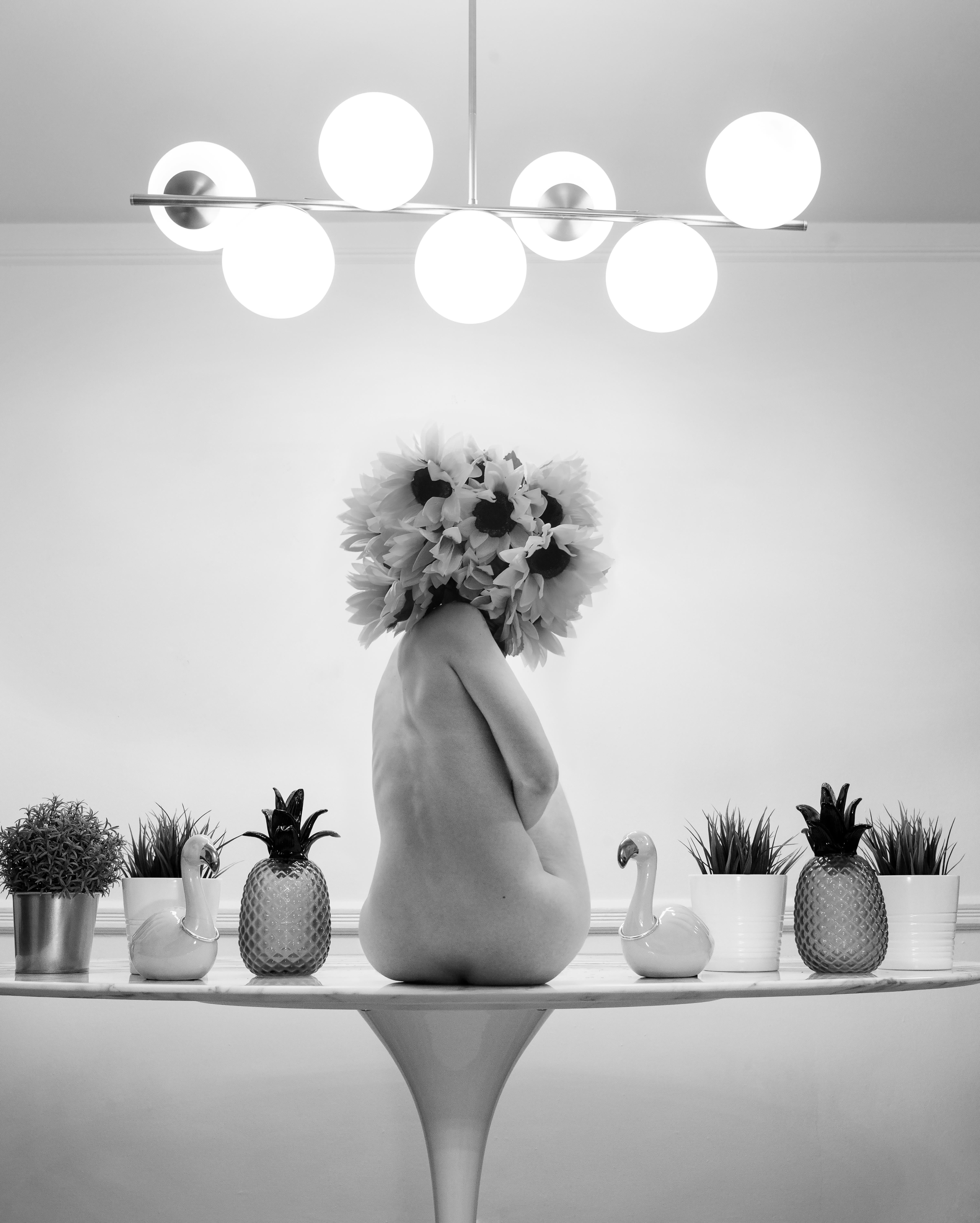 Loreal  Prystaj Figurative Photograph – Stilleben. Vase mit sieben Sonnenblumen