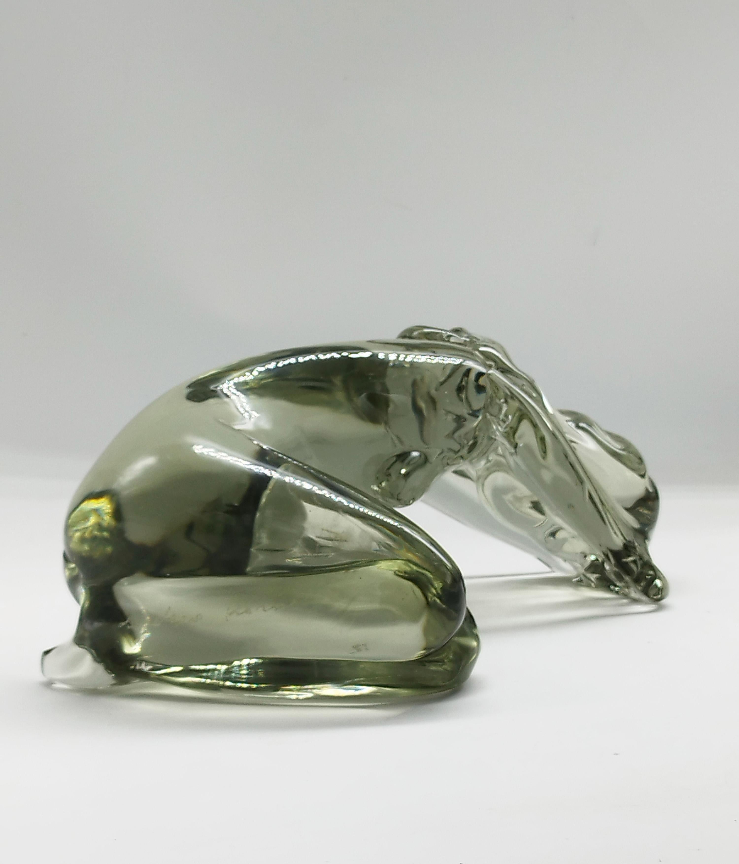A splendid and rare Murano fume' crystal glass sculpture, hand ground and polished, by the world-famous artist Loredano Rosin, made in Italy between 1960/70.
The sculpture is a figure of a woman with her head in her hands and in a kneeling
