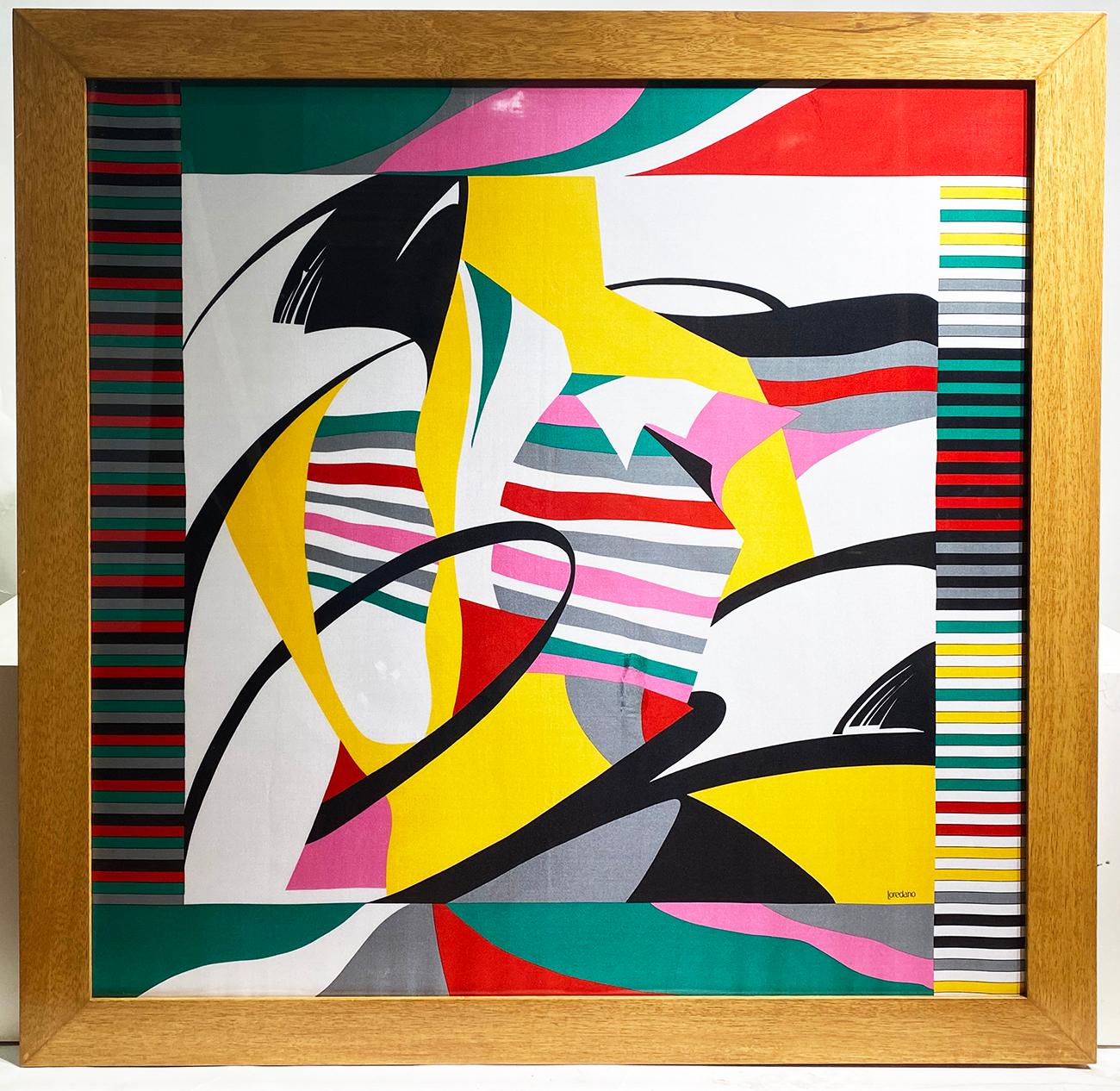 Beautiful and unique Loredano silk scarf framed with colorful abstract geometric and organic shapes, with the artist's signature on the bottom.
Covered with plexiglass on the front with the scarf stretched on white Masonite wood.