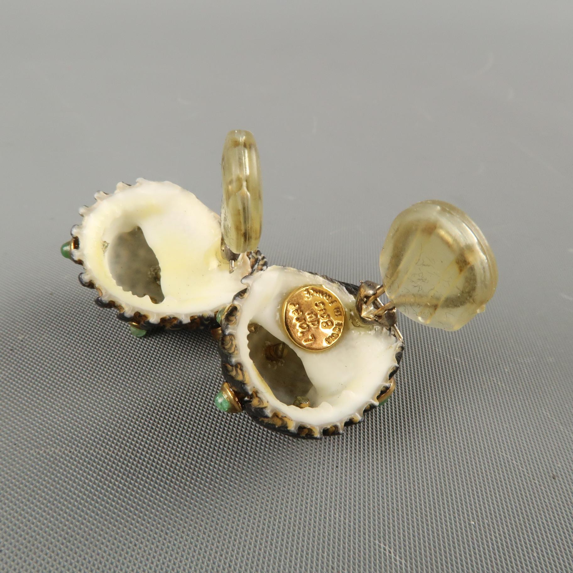 Women's L'OREE du BOIS Clip On Earrings - Gold Tone, Green Stone on a Sea Shell 