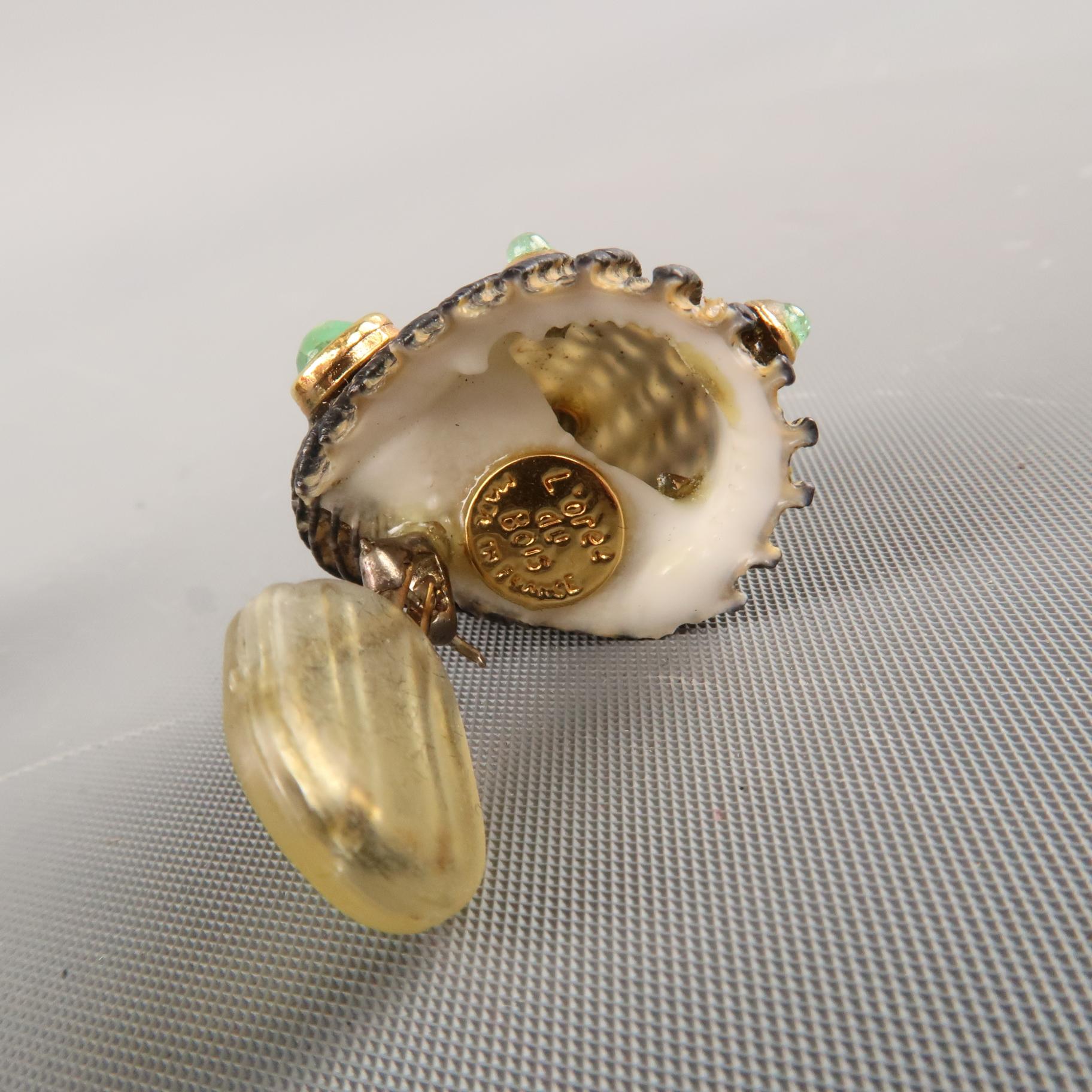 L'OREE du BOIS Clip On Earrings - Gold Tone, Green Stone on a Sea Shell  1