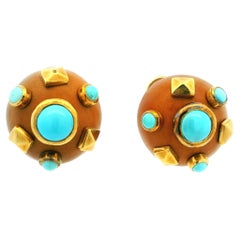 L’Orée du Bois 18K Gold 
Turquoise Dome Earrings, France, 1970–80s