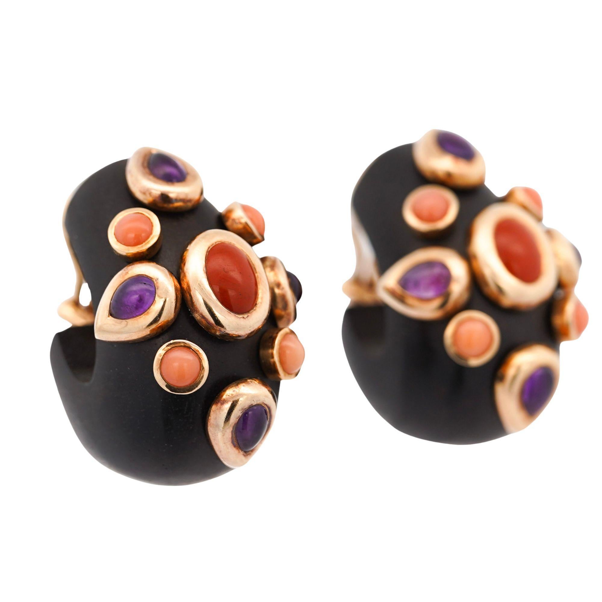 L'OREE DU BOIS Pendientes de diseño con clip de oro de 18 quilates de ébano madera coral amatista en Bueno estado para la venta en Miami, FL