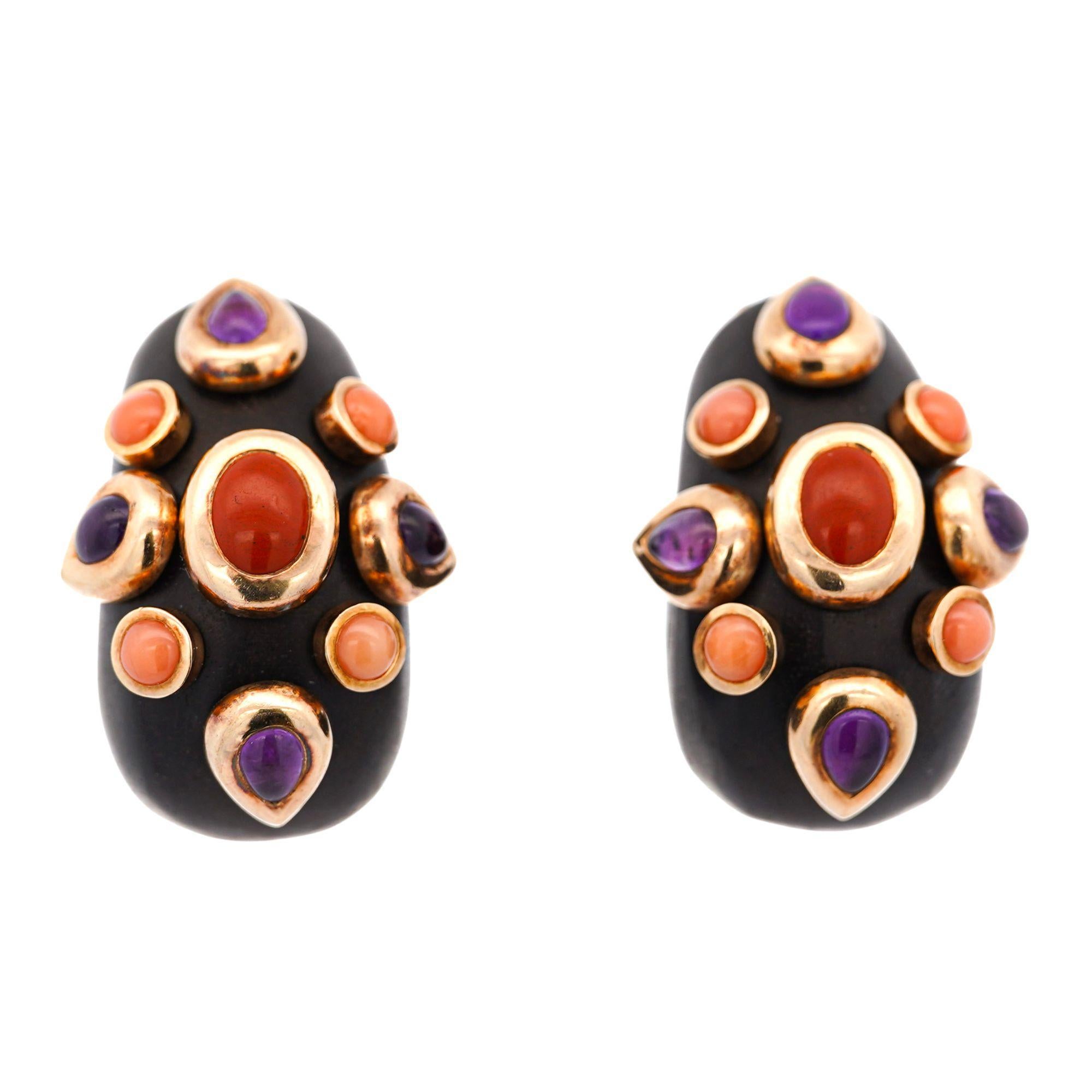De las mujeres L'OREE DU BOIS Pendientes de diseño con clip de oro de 18 quilates de ébano madera coral amatista en venta