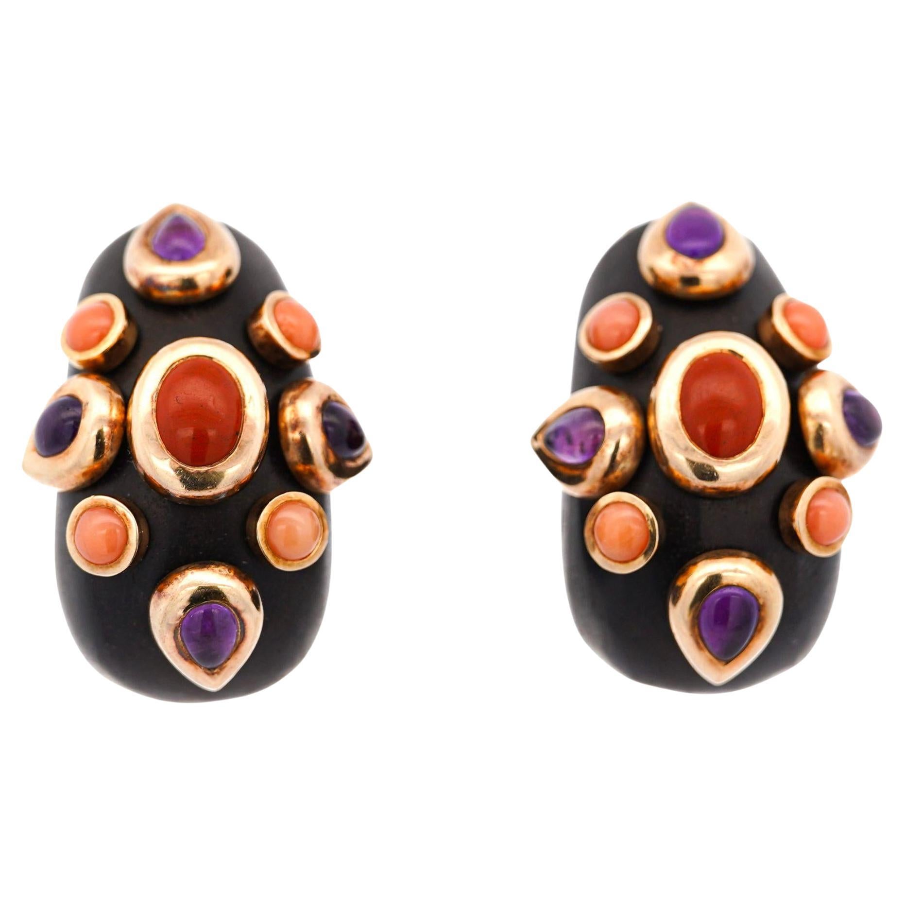 L'OREE DU BOIS Pendientes de diseño con clip de oro de 18 quilates de ébano madera coral amatista en venta