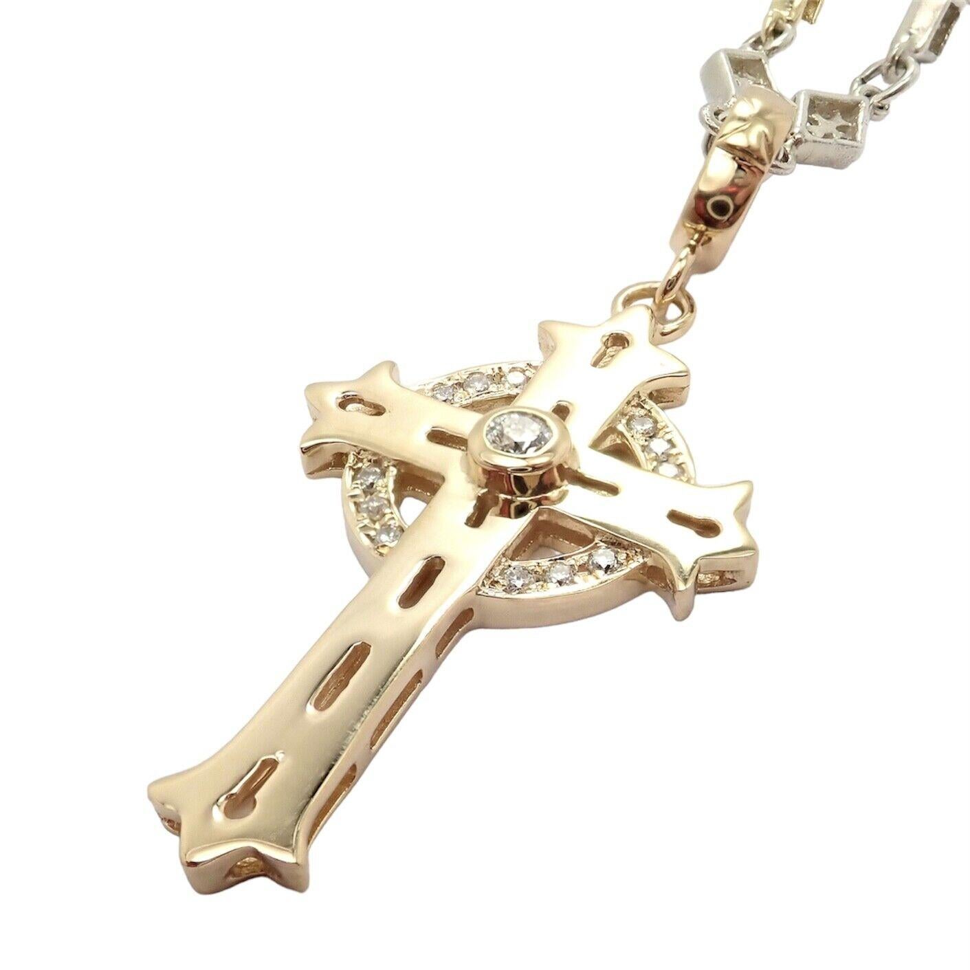 18k Yellow Gold And Silver Diamond Cross Pendant Chain Necklace by Loree Rodkin. 
With 13 round diamonds VVS1 clarity G color total weight 0.21ct
Details: 
Chain: 18k Yellow gold And Sterling Silver
Pendant: 18k Yellow Gold
Weight: 19.4 grams
Chain: