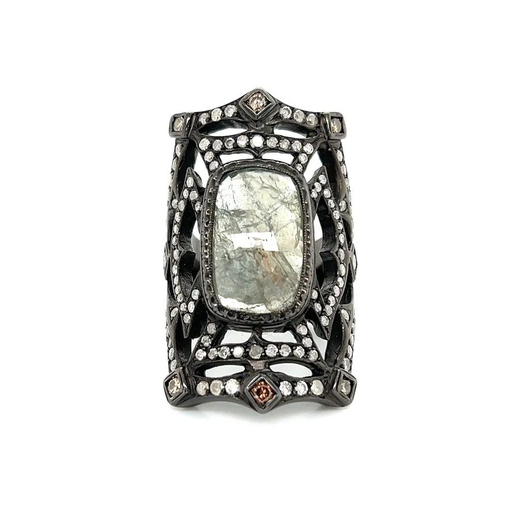 Modernist LOREE RODKIN Designer Black Gold and Diamond Vintage Medieval Cuff Ring For Sale