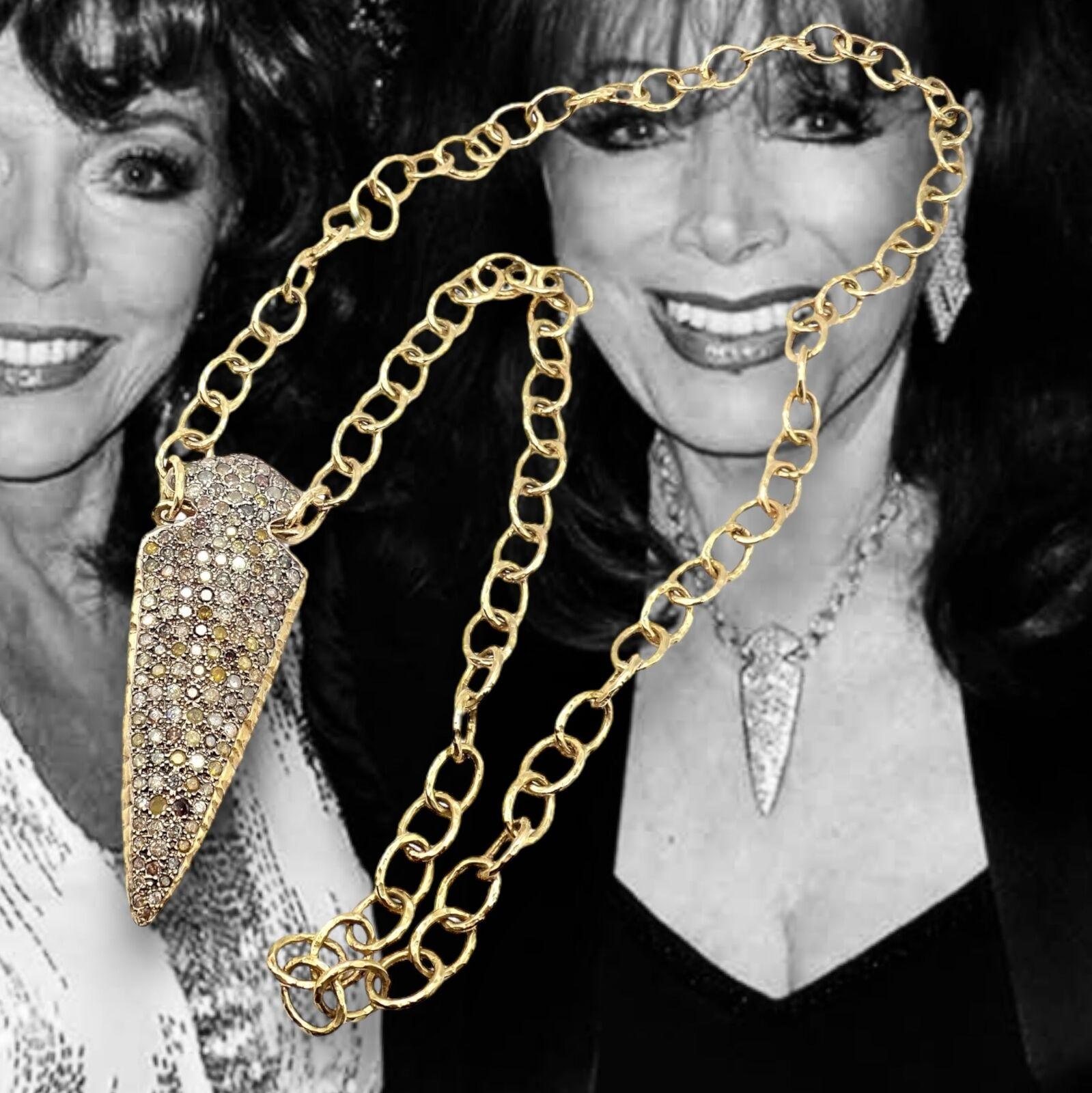 18k Yellow Gold Color Diamond Large Arrowhead Pendant Necklace by Loree Rodkin. 
With Round color diamonds estimated total diamond weight 6.50cts
This necklace used to belong to Jackie Collins and was purchased from her jewelry estate