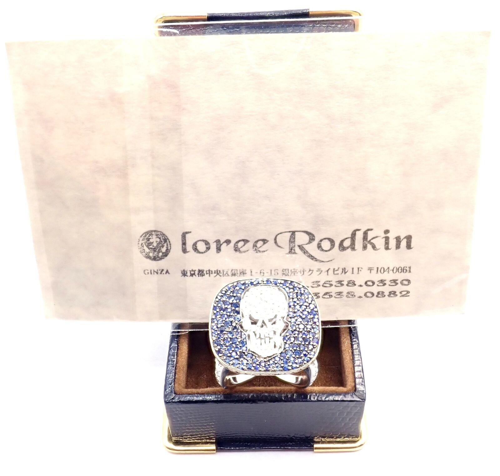 Brilliant Cut Loree Rodkin Diamond Sapphire Skull White Gold Ring For Sale