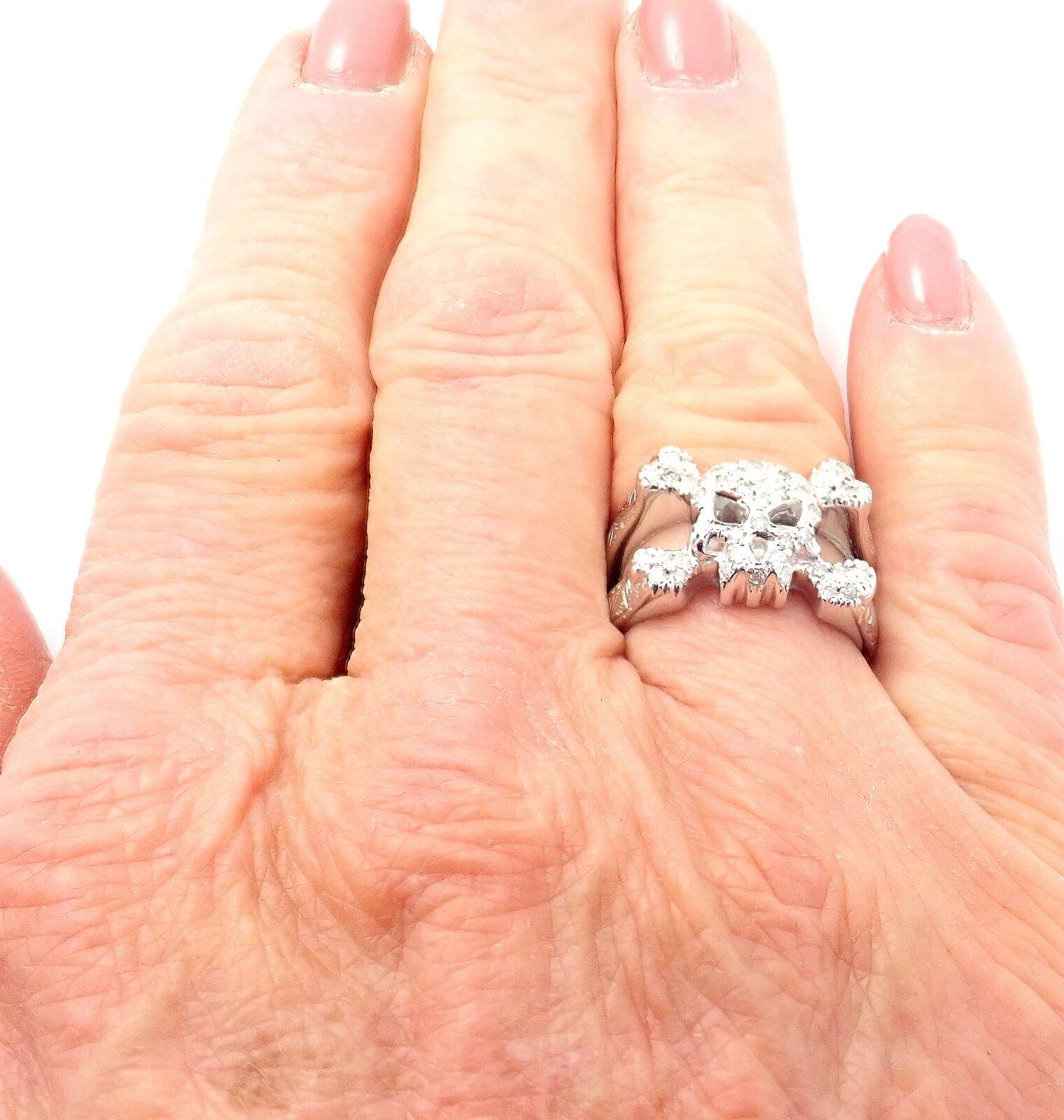 Women's or Men's Loree Rodkin Diamond Skull Crossbones White Gold Ring For Sale