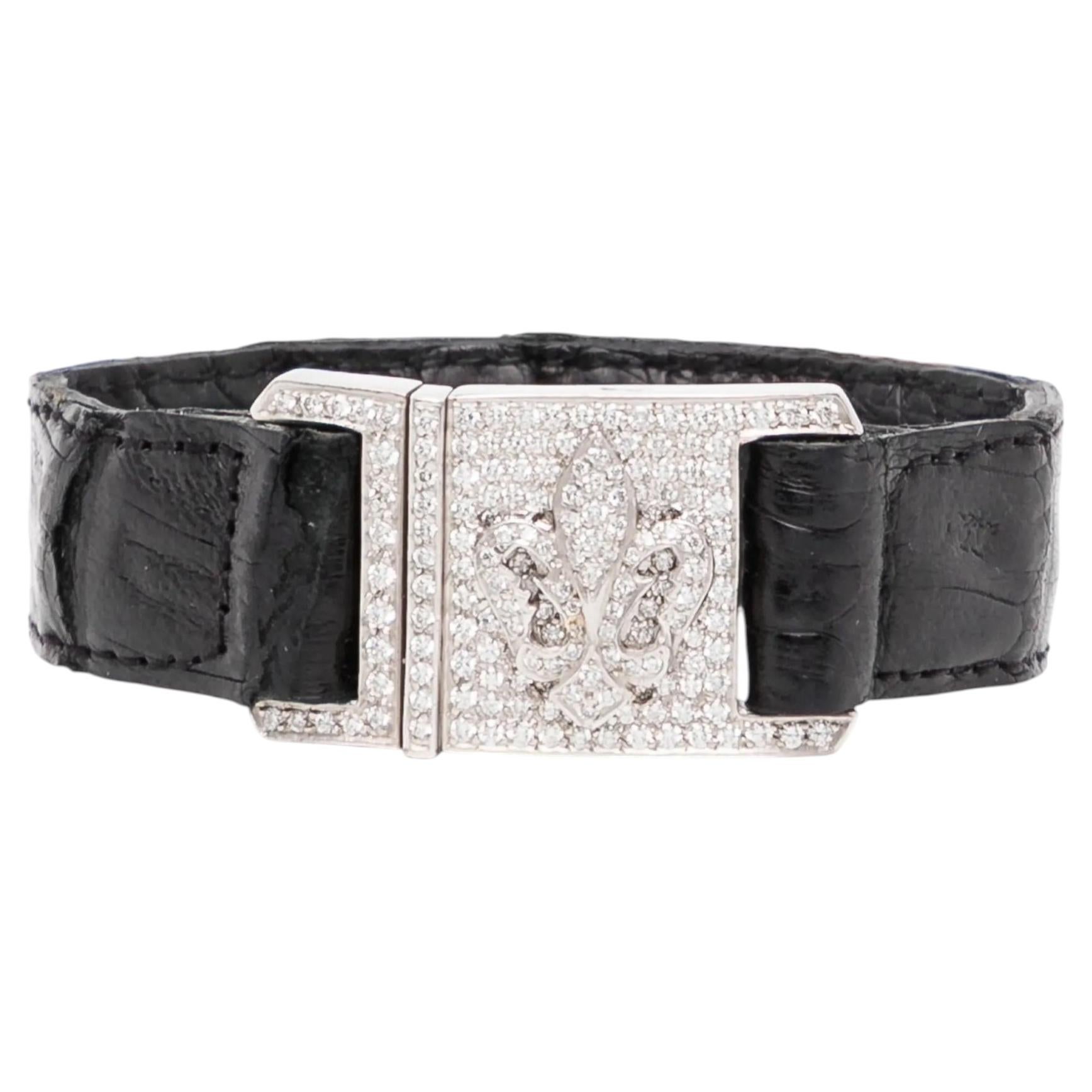 Pre-owned Loree Rodkin Fleur-de-lis Pav� Buckle Leather Bracelet In Multiple