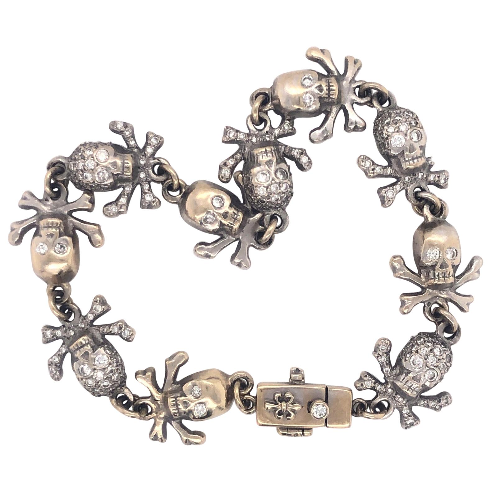 Loree Rodkin White Gold Diamond Skull Link Bracelet For Sale