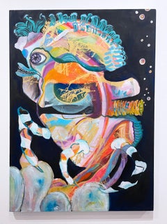 Pez dragón, 2021, abstracto surrealista, 36x26, óleo sobre lienzo con serigrafía
