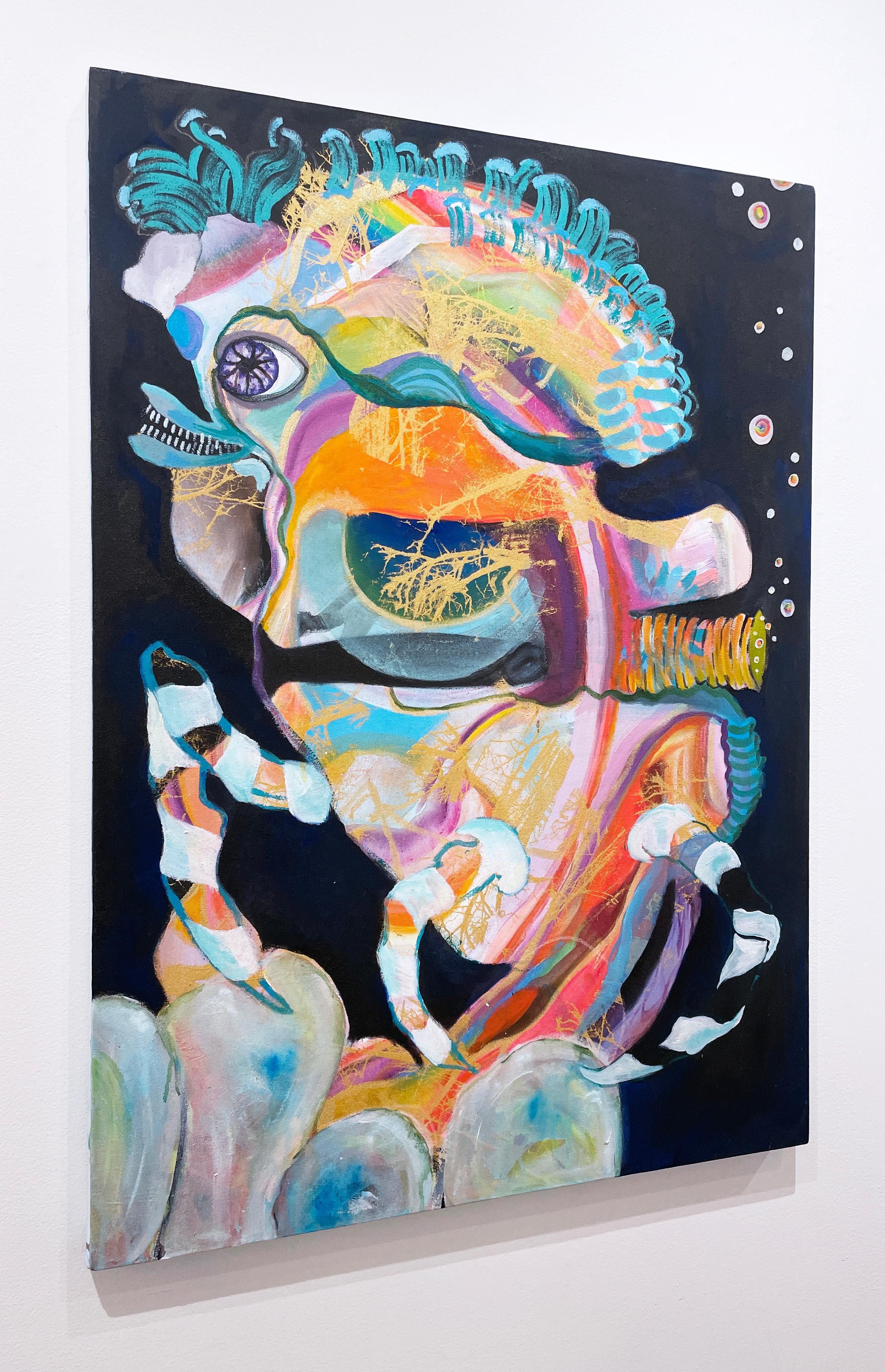 Dragonfish, 2021, surreal abstract, 36x26, oil on canvas painting with serigraph - Contemporary Painting by Loren Abbate