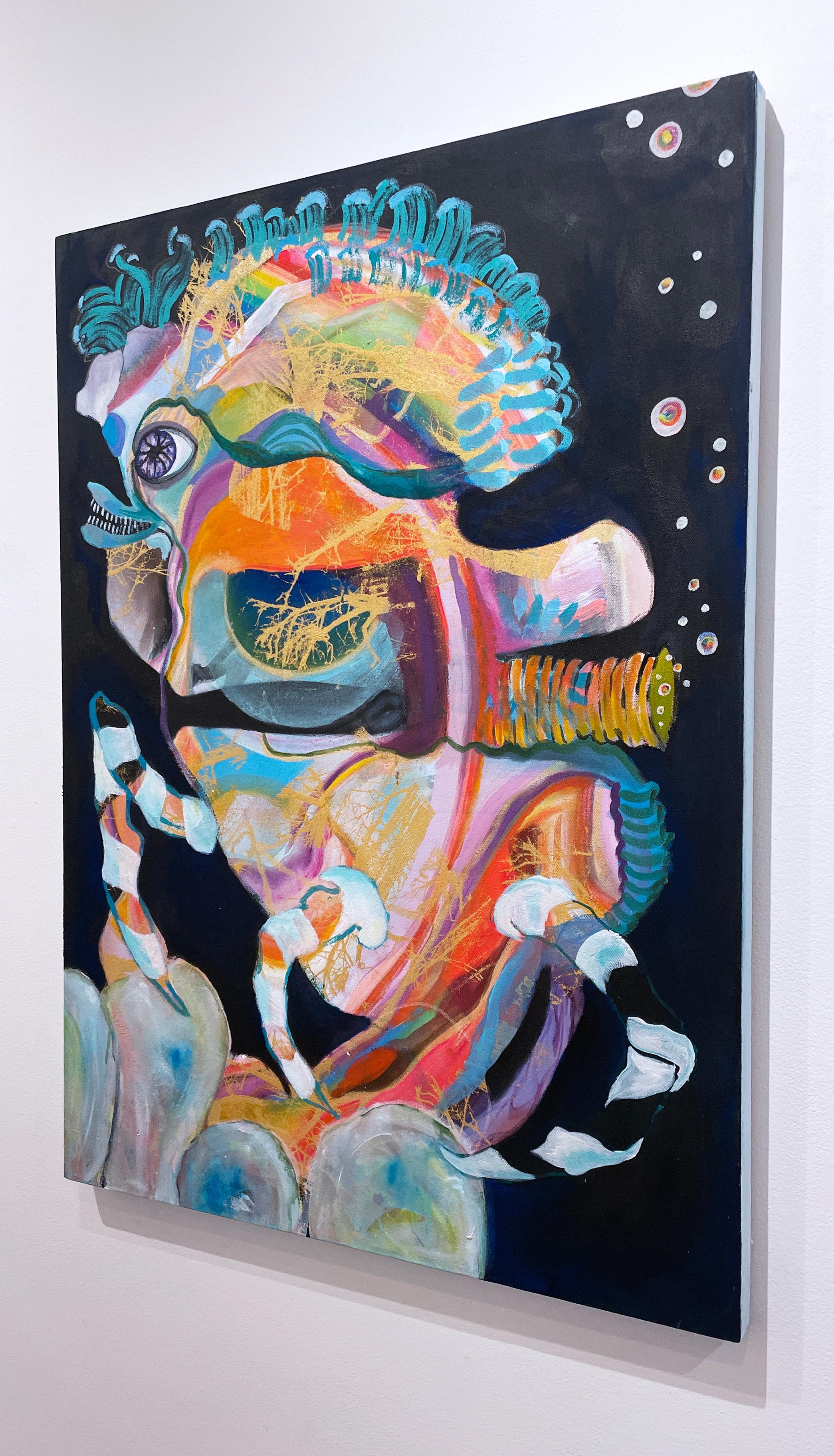 Dragonfish, 2021, surreal abstract, 36x26, oil on canvas painting with serigraph For Sale 1