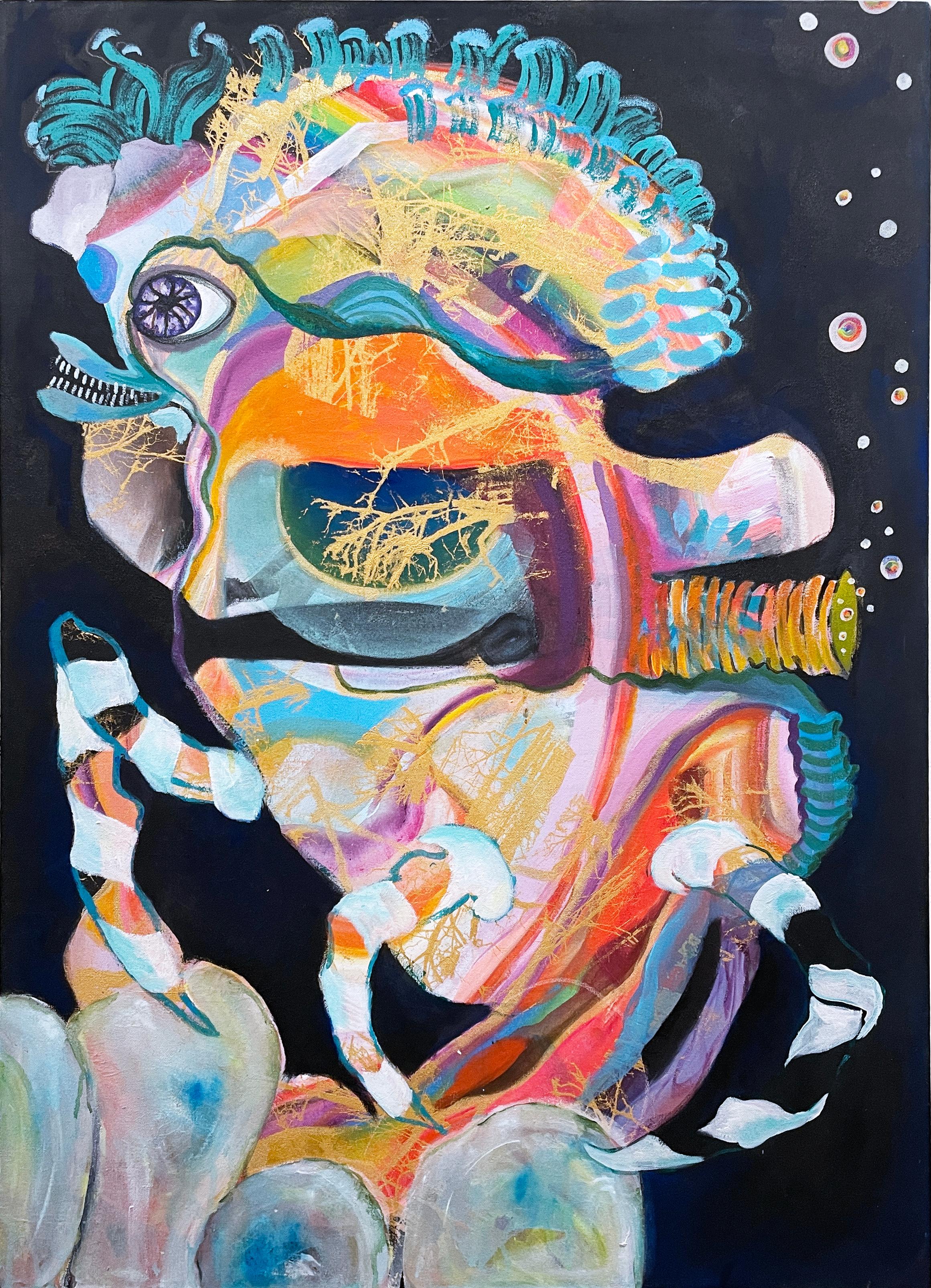 Dragonfish, 2021, surreal abstract, 36x26, oil on canvas painting with serigraph - Painting by Loren Abbate