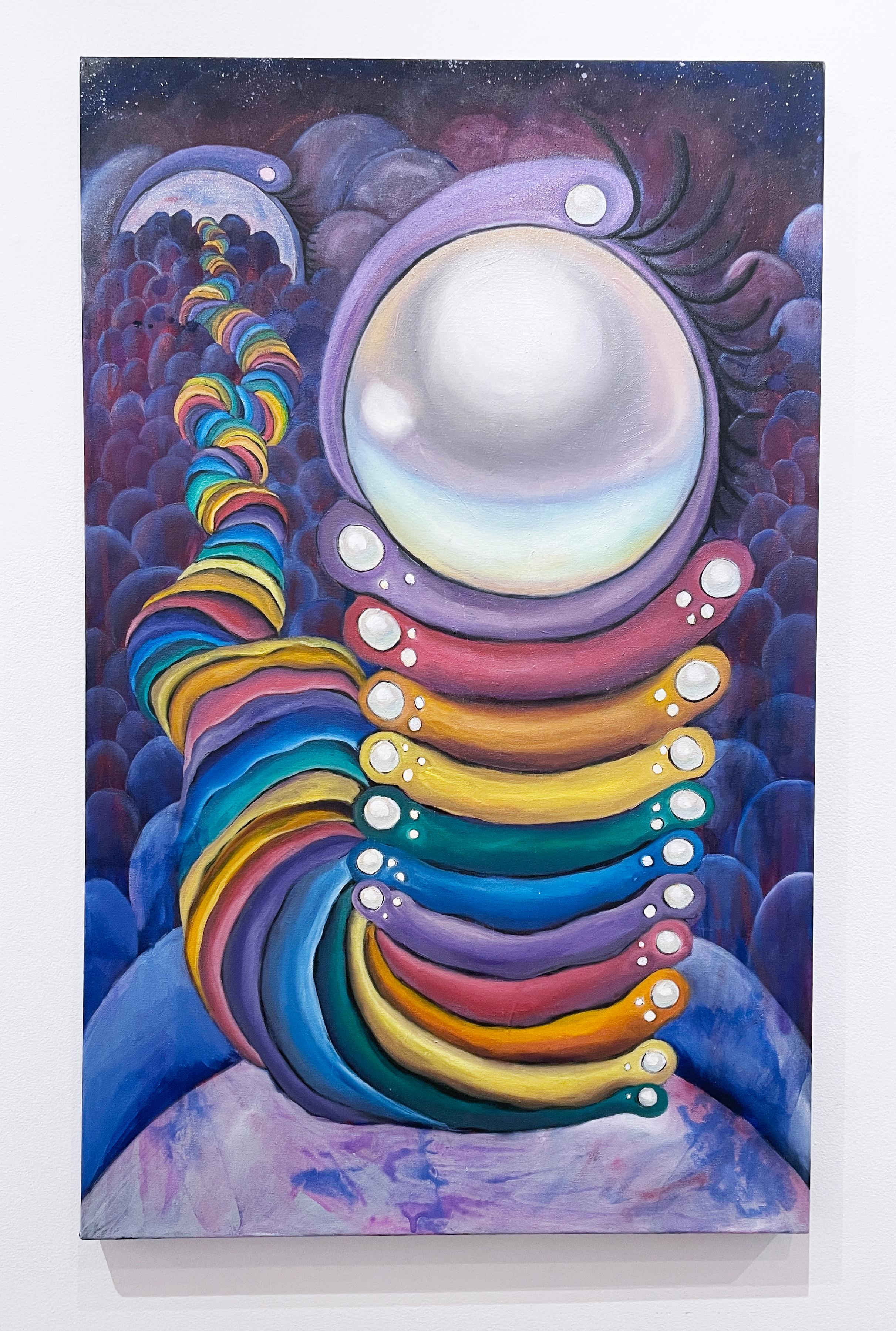 Eternal Pearl, 2020, pittura astratta surreale 38x24 ad olio e acrilico, arcobaleno - Painting Contemporaneo di Loren Abbate