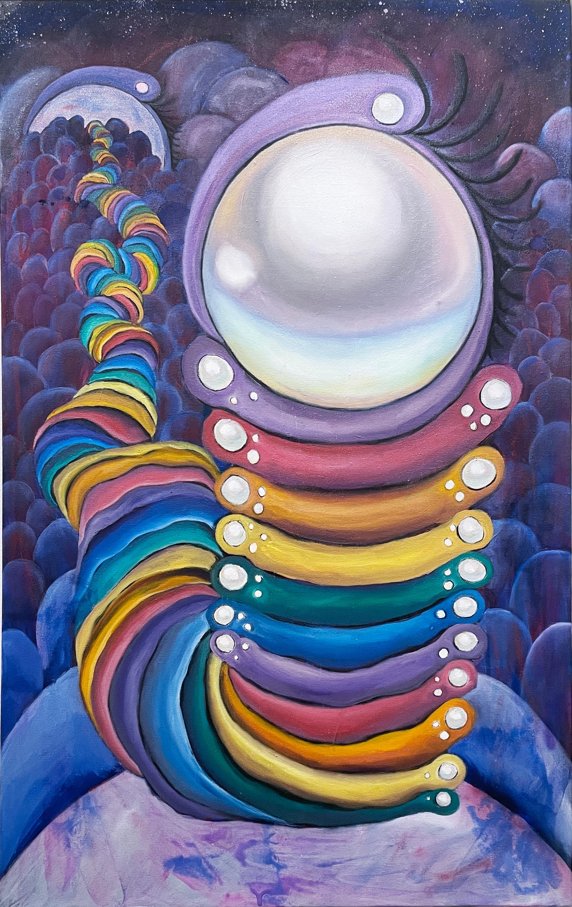 Eternal Pearl, 2020, surreal abstract 38x24 oil & acrylic painting, rainbow - Painting by Loren Abbate