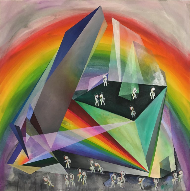 Museum of Rainbow Light, surreal abstract, gemstone crystal, 32x32" oil painting - Art by Loren Abbate