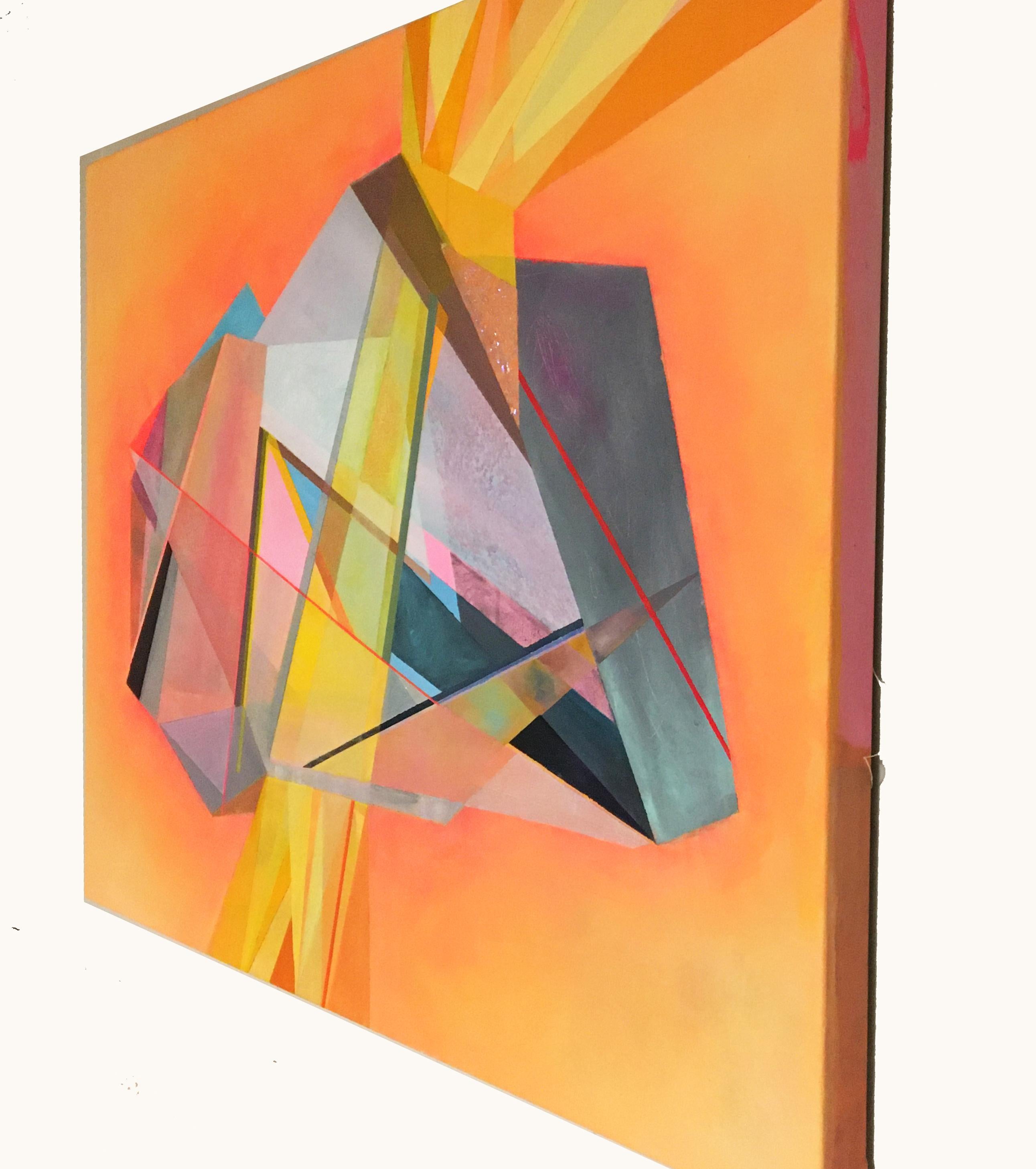 Peace and Power, cristal de pierre précieuse abstraite, peinture à l'huile, jaune, pêche, rose - Géométrique abstrait Art par Loren Abbate