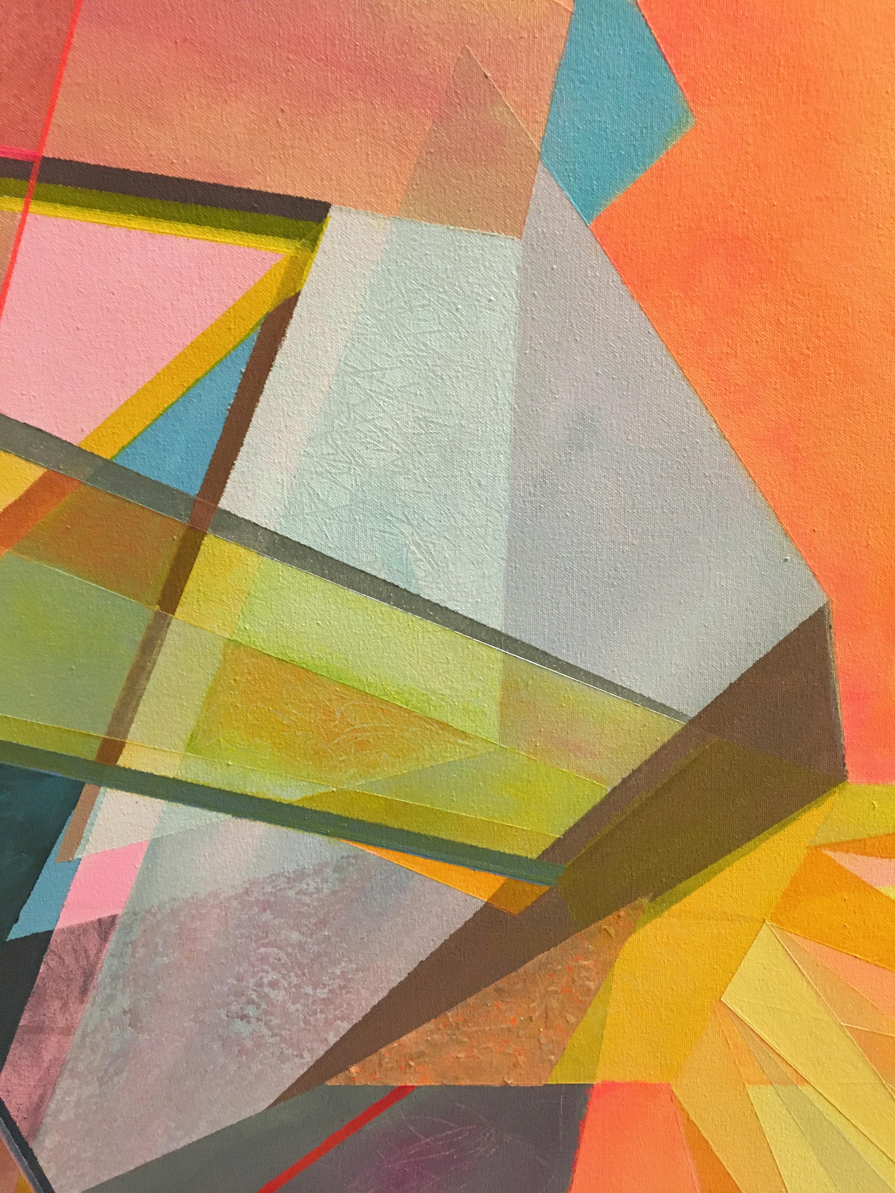 Peace and Power, abstract gemstone crystal, oil painting, yellow, peach, pink - Abstract Geometric Art by Loren Abbate