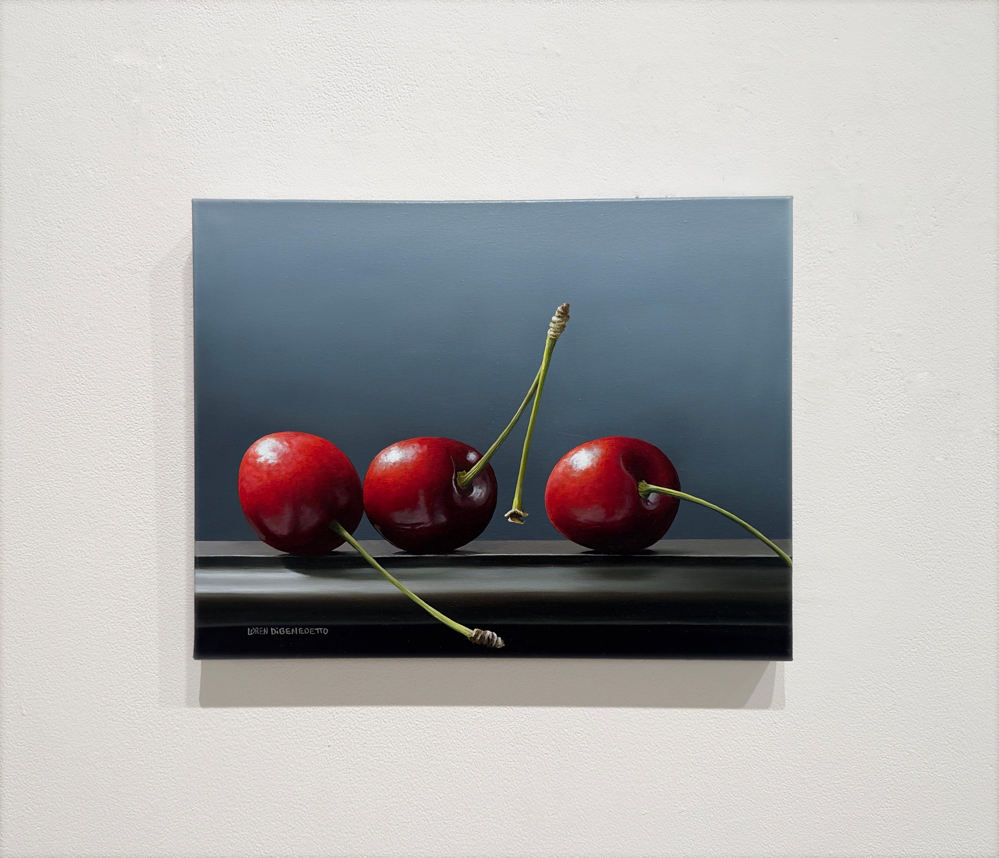 TRIO OF CHERRIES - Realism/ Still Life / Fruit - Painting by Loren DiBenedetto