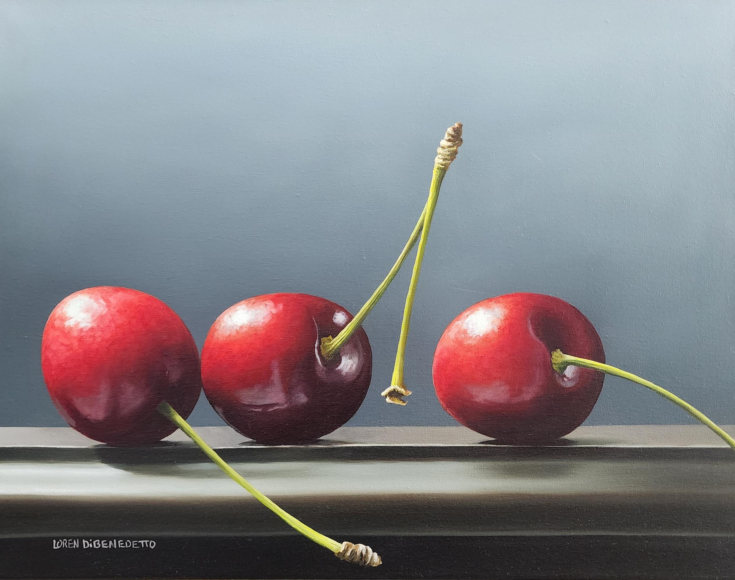 Loren DiBenedetto Still-Life Painting - TRIO OF CHERRIES - Realism/ Still Life / Fruit