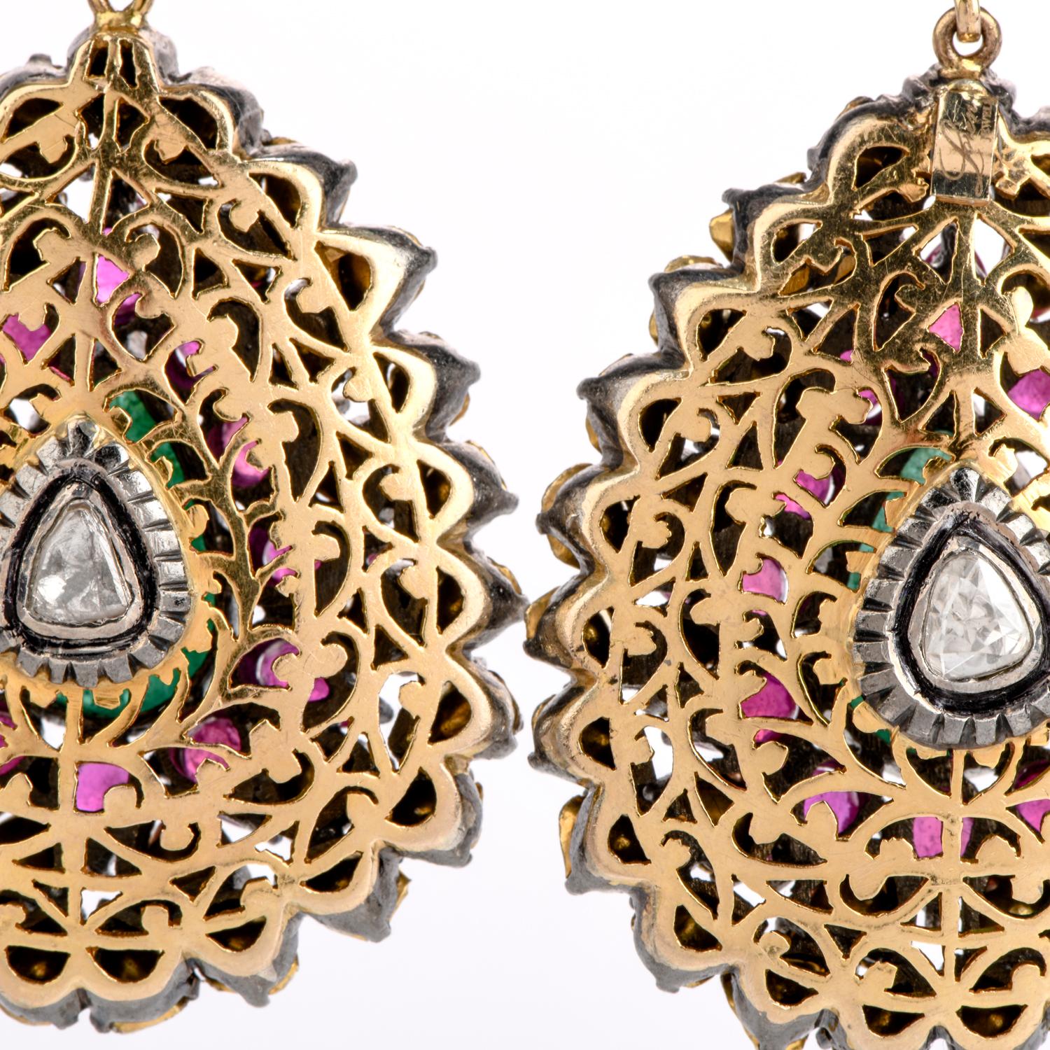 Art Nouveau Loren Jewels Emerald Ruby Diamond 14 Karat Gold Large Dangle Earrings
