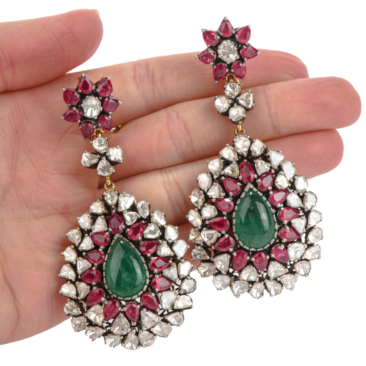 Loren Jewels Emerald Ruby Diamond 14 Karat Gold Large Dangle Earrings In Excellent Condition In Miami, FL