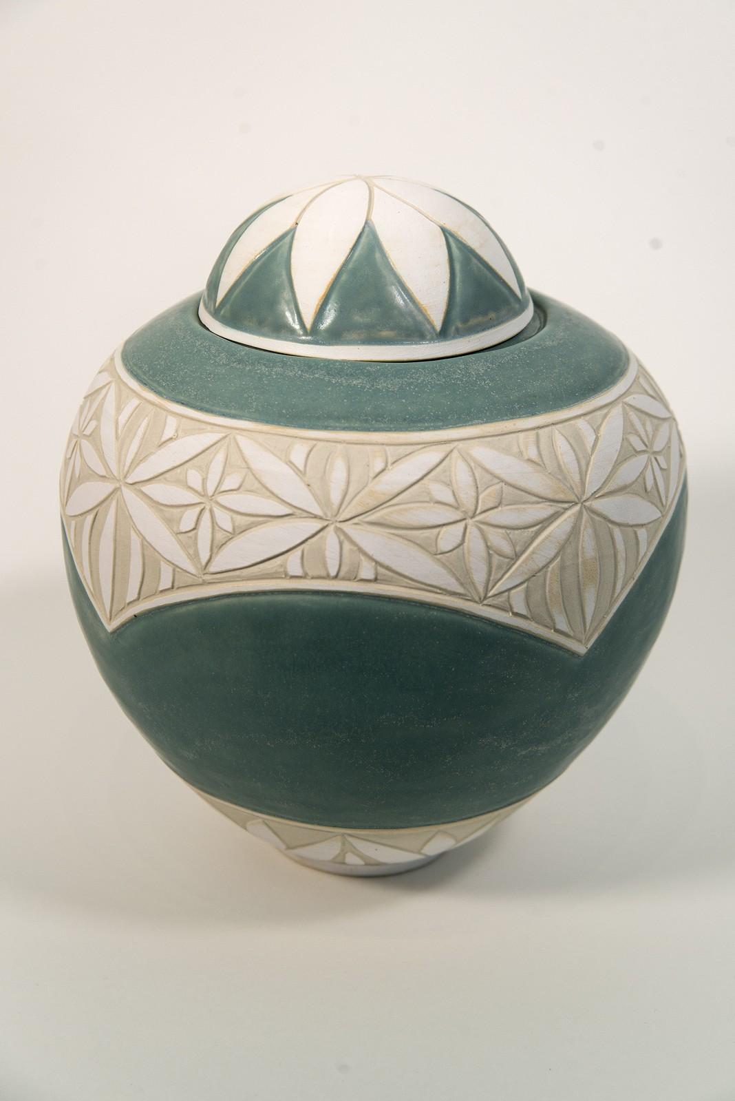 Aqua Jar with Engraved Detail - decorative, handcrafted, porcelain vessel - Sculpture by Loren Kaplan